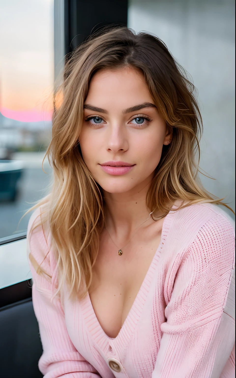 beautiful blonde wearing pink sweater (sipping coffee inside a modern café at sunset), very detailed, 21 years old, innocent face, natural wavy hair, blue eyes, high resolution, masterpiece, best quality, intricate details, highly detailed, sharp focus, detailed skin, realistic skin texture, texture, detailed eyes, professional, 4k, charming smile, shot on Canon, 85mm, shallow depth of field, kodak vision color, perfect fit body, extremely detailed, foto_\(ultra\), photorealistic, realistic, post-processing, maximum detail, roughness, real life, ultra realistic, photorealism, photography, 8k uhd, photography