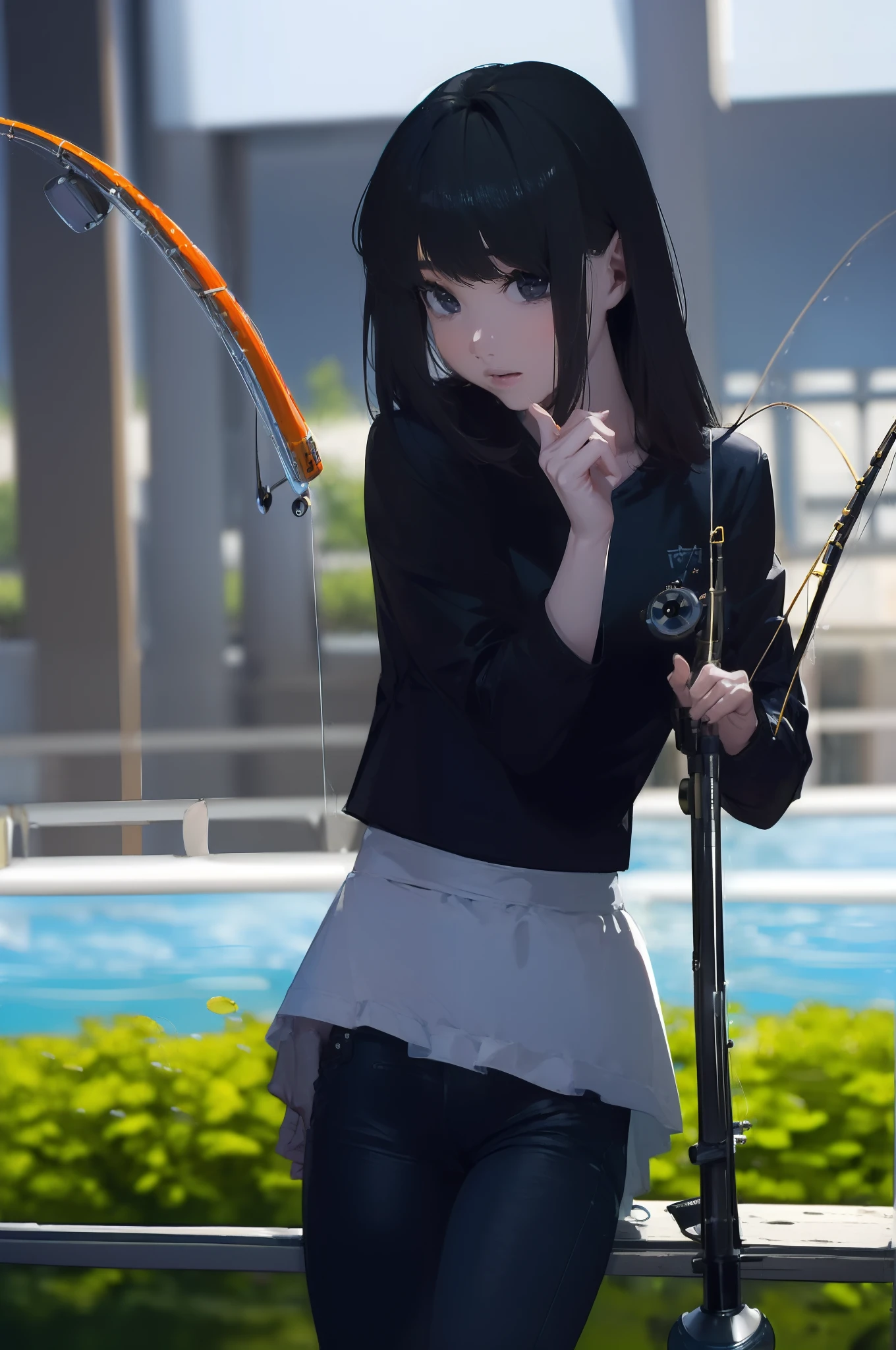 ((((having a fishing rod with a reel by the lakeside:1.5)))),((Female 28 years old)),((Best Quality:1.5)),(((Hands with the correct number and structure of fingers:1.4))),((Big fish:1.37)),hight resolution,ultra-detailliert,masterpiece,best qualtiy,(Eight-headed body),Black hair, long eyes-lashes, Solid Circle Eyes, drop shadow, Atmospheric perspective,Super Detail, ccurate, small brest,(Black jacket and black jeans :1.1),top-quality, blurry backround, bokeh dof:1.2, (masterpiece:1.3), Atmospheric perspective,Super Detail,dynamic compositions,