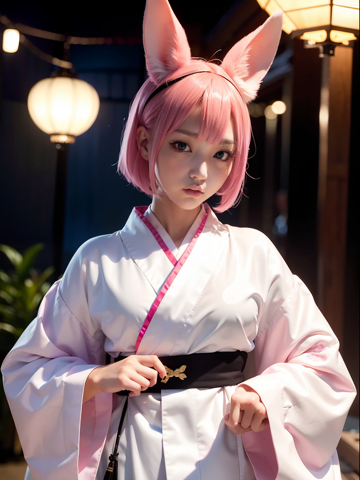 Night shrine、Pink hair、japanese kimono、White yukata、Realistic rabbit ears、rabbit ears pink hair sticking out of the head,,,,、Hannya mask、Hannya mask、Bewitching atmosphere、Beautiful shaped hands、K-POP、Pink rabbit ears、1 girl in、独奏、masterpiece、top-quality、realisitic、Hyper-detailing、(Glossy skin:1.4)、absurderes、short pink hair、Slender beauties、动态照明、hight resolution、foco nítido、depth of fields、(thick thight:1.0)、A slender :1.2、((Short-cut bob hair))、((k pop:1.3))、Highly detailed facial and skin texture、((魅惑的))、Anatomically correct number of fingers、Correct anatomy、Angle from below