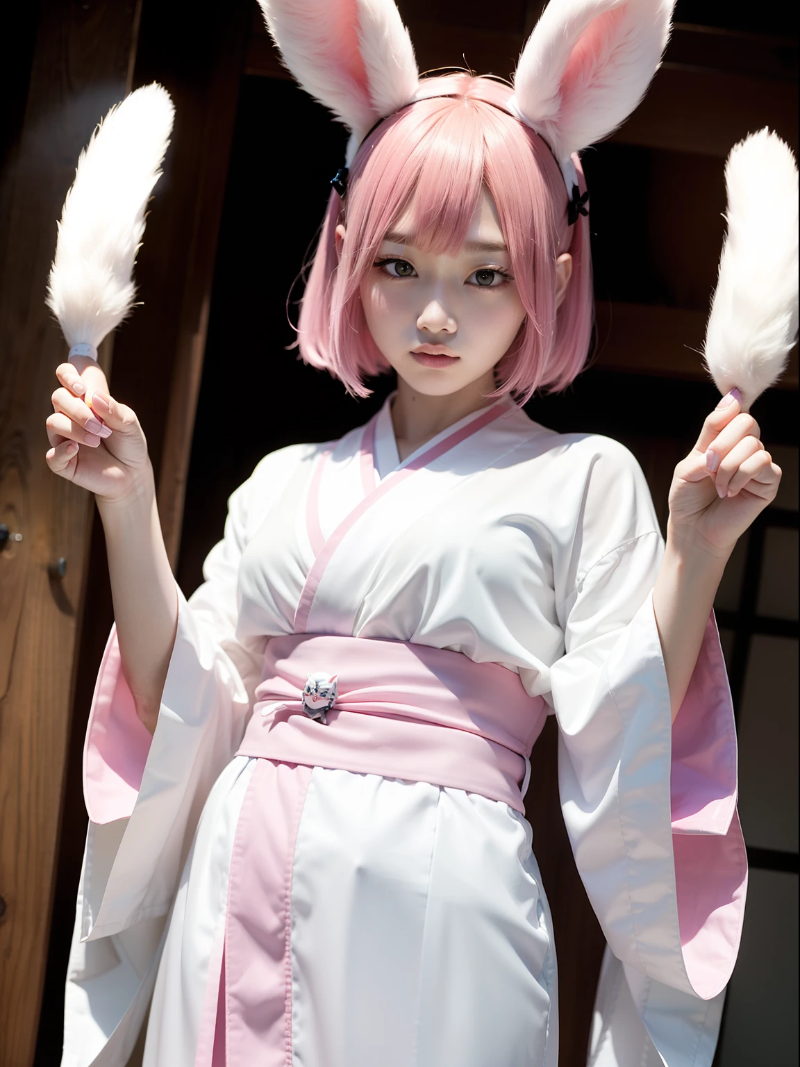 Night shrine、Pink hair、japanese kimono、White yukata、Realistic rabbit ears、rabbit ears pink hair sticking out of the head,,,、Hannya mask、Hannya Mask、Bewitching atmosphere、Beautiful shaped hands、K-POP、Pink rabbit ears、1 girl in、独奏、masterpiece、top-quality、realisitic、Hyper-detailing、(Glossy skin:1.4)、absurderes、short pink hair、Slender beauties、动态照明、hight resolution、foco nítido、depth of fields、(thick thight:1.0)、A slender :1.hort-cut bob hair))、((k pop:1.3))、Highly detailed facial and skin texture、((魅惑的))、Anatomically correct number of fingers、Correct anatomy、Angle from below