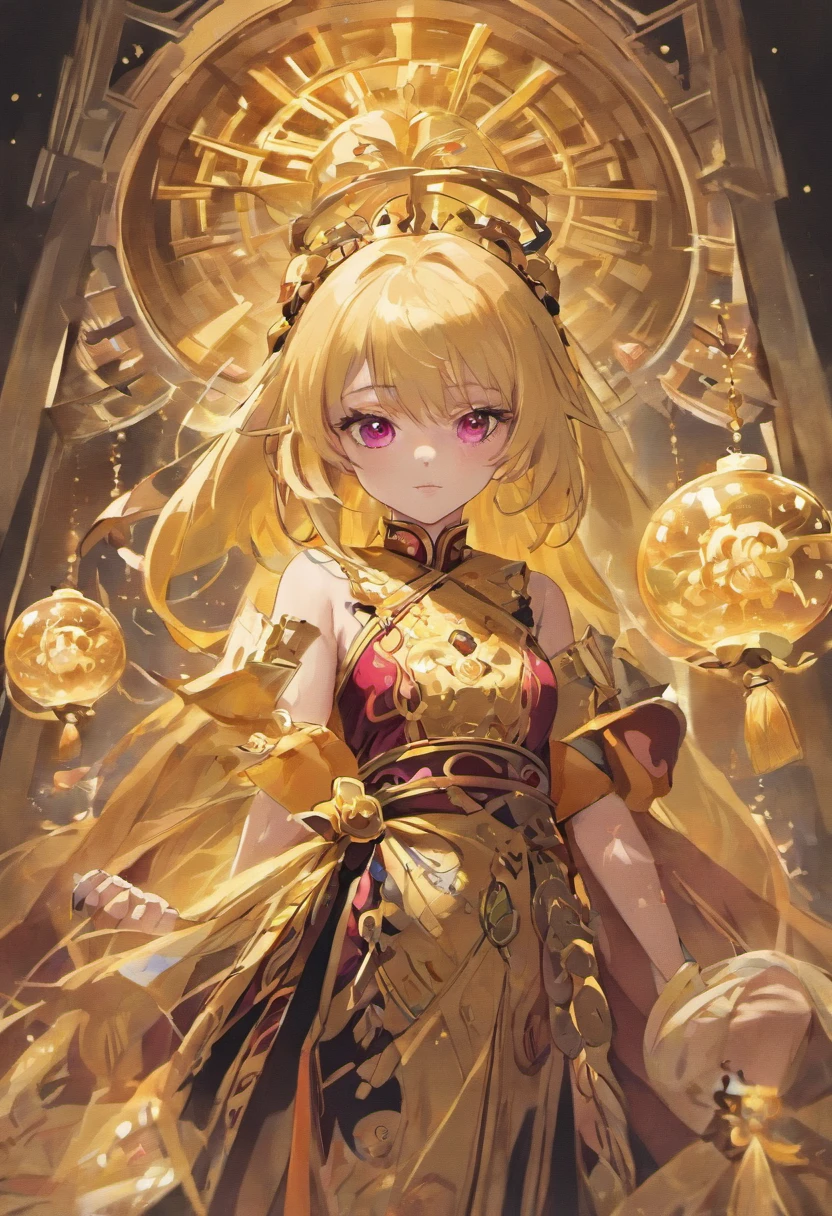 Kizi. Her figure, , Curvy, The right direction,, Long blonde hair color, Deep magenta eyes, white skinned, gold nugget，gold foil, Dressed in black and gold Hanfu, largeeyes。The ground is covered with gold coins。full bodyesbian，standing on your feet，golden hair accessory，Nobile，ear jewelry，Chinese culture，ellegance，mistic，Noble，Ba digital painting, Digital illustration, Extreme detail, Digital art。