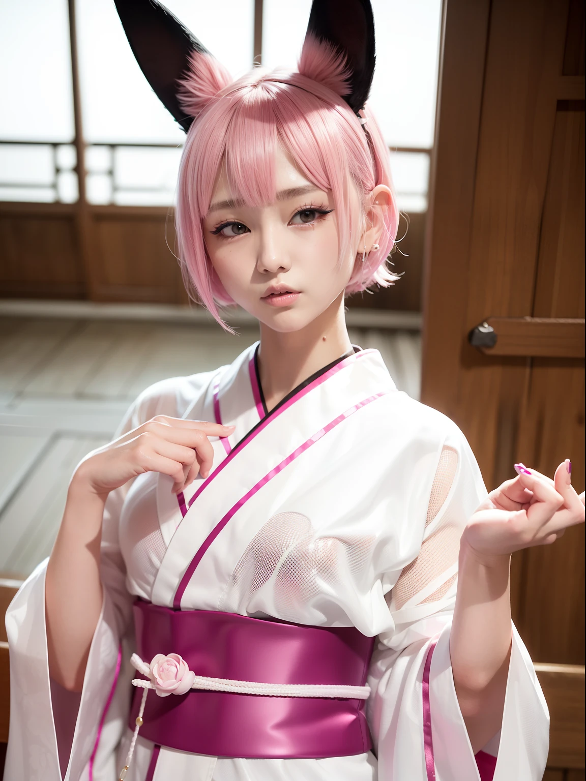 Night shrine、Pink hair、japanese kimono、White yukata、Realistic rabbit ears、rabbit ears pink hair sticking out of the head,,,、Hannya mask、Hannya Mask、Bewitching atmosphere、Beautiful shaped hands、K-POP、Pink rabbit ears、1 girl in、独奏、​masterpiece、top-quality、realisitic、Hyper-detailing、(Glossy skin:1.4)、absurderes、short pink hair、Slender beauties、动态照明、hight resolution、foco nítido、depth of fields、(thick thight:1.0)、A slender :1.2、((Short-cut bob hair))、((k pop:1.3))、Highly detailed facial and skin texture、((魅惑的))、Anatomically correct number of fingers、Correct anatomy、Angle from below