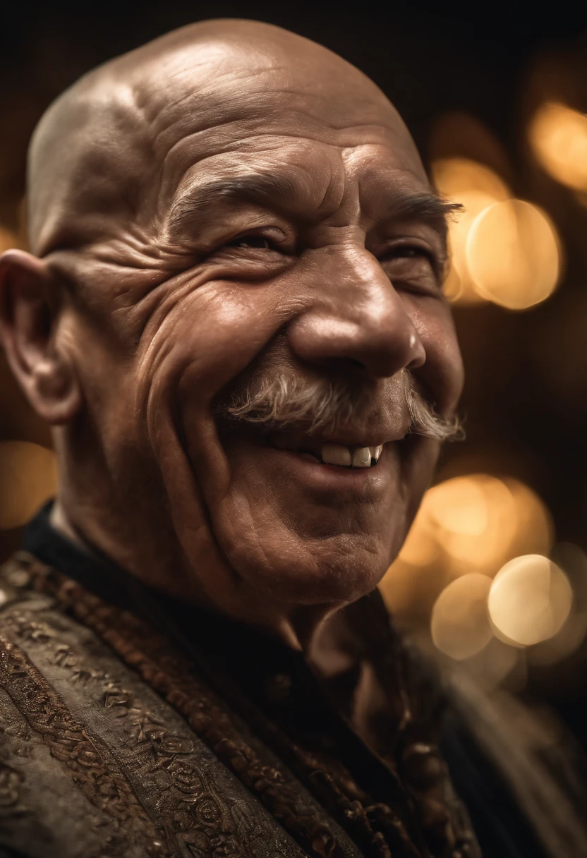a portrait of a laughing, toxic, muscle, god, elder, (hdr:1.28), bald, hyperdetailed, cinematic, warm lights, intricate details, hyperrealistic, dark radial background, (muted colors:1.38), (neutral colors:1.2)
