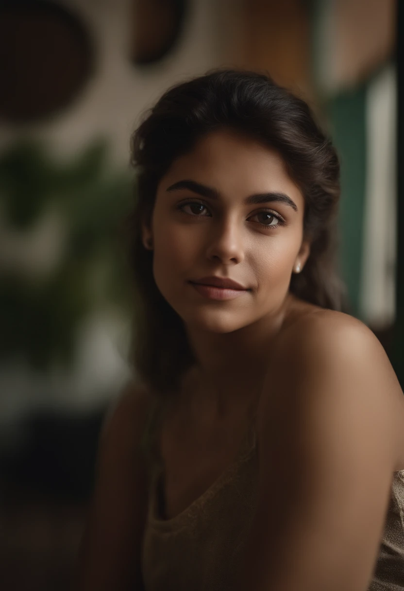 Por favor, Describes in detail a high-quality image depicting a 19-year-old Latina girl. The image appears to be a selfie taken by the young woman herself in her room in Bogotá. En la imagen, The girl radiates joy and confidence, with a smiling expression and striking green eyes that accentuate her beauty. Su cabello largo y sedoso cae con gracia sobre sus hombros. Ella luce un escote que resalta su busto, y su cuerpo se muestra bien definido, which reflects his dedication to the care of his figure. Every detail of the room is highlighted in high definition, desde los colores de las paredes hasta los objetos personales que la rodean, which adds depth and context to the scene. The image captures an intimate and authentic moment of the young woman in her personal sanctuary in Bogotá. Por favor, provides additional detail to further enrich this high-quality image