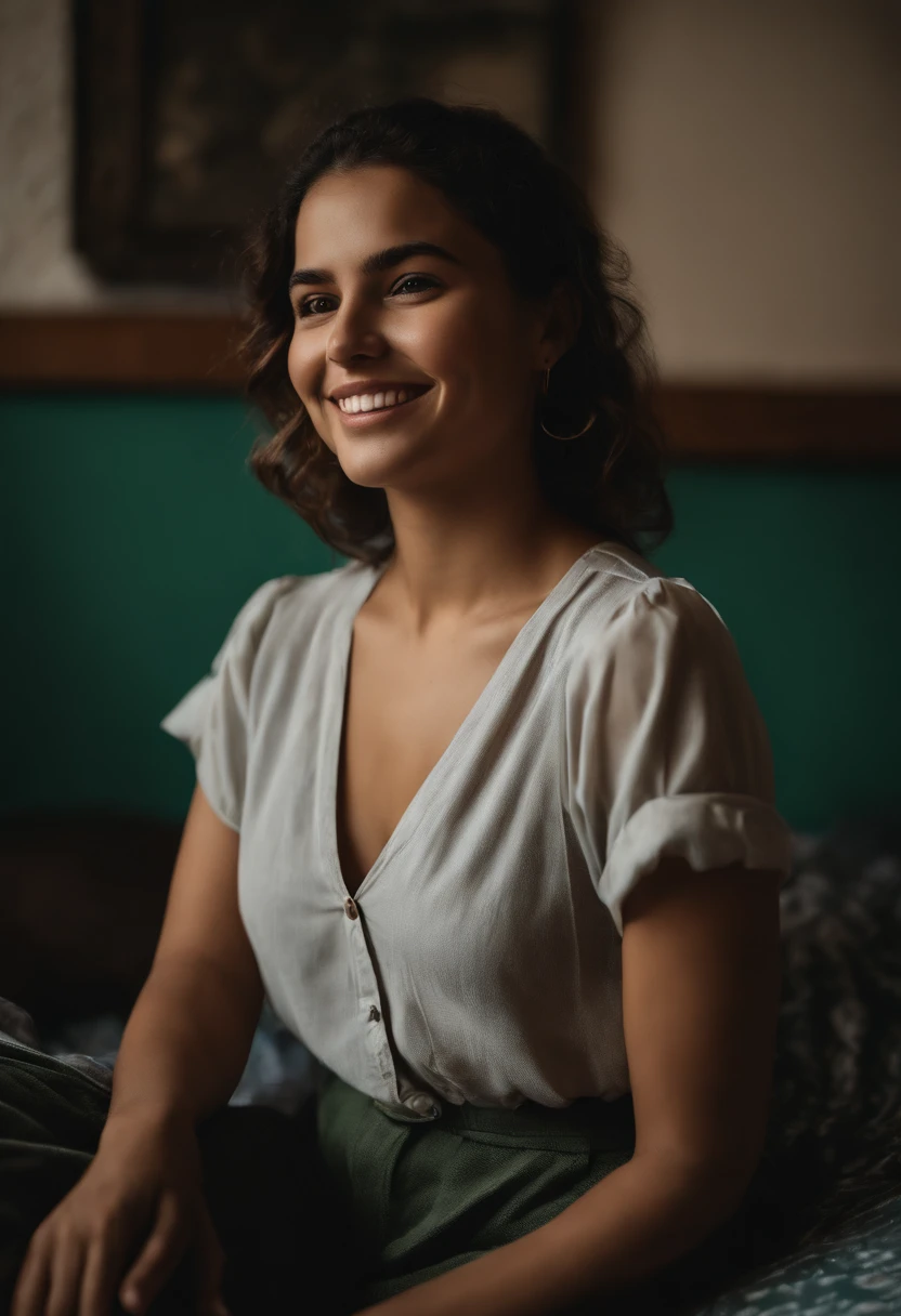 Por favor, Describes in detail a high-quality image depicting a 19-year-old Latina girl. The image appears to be a selfie taken by the young woman herself in her room in Bogotá. En la imagen, The girl radiates joy and confidence, with a smiling expression and striking green eyes that accentuate her beauty. Su cabello largo y sedoso cae con gracia sobre sus hombros. Ella luce un escote que resalta su busto, y su cuerpo se muestra bien definido, which reflects his dedication to the care of his figure. Every detail of the room is highlighted in high definition, desde los colores de las paredes hasta los objetos personales que la rodean, which adds depth and context to the scene. The image captures an intimate and authentic moment of the young woman in her personal sanctuary in Bogotá. Por favor, provides additional detail to further enrich this high-quality image