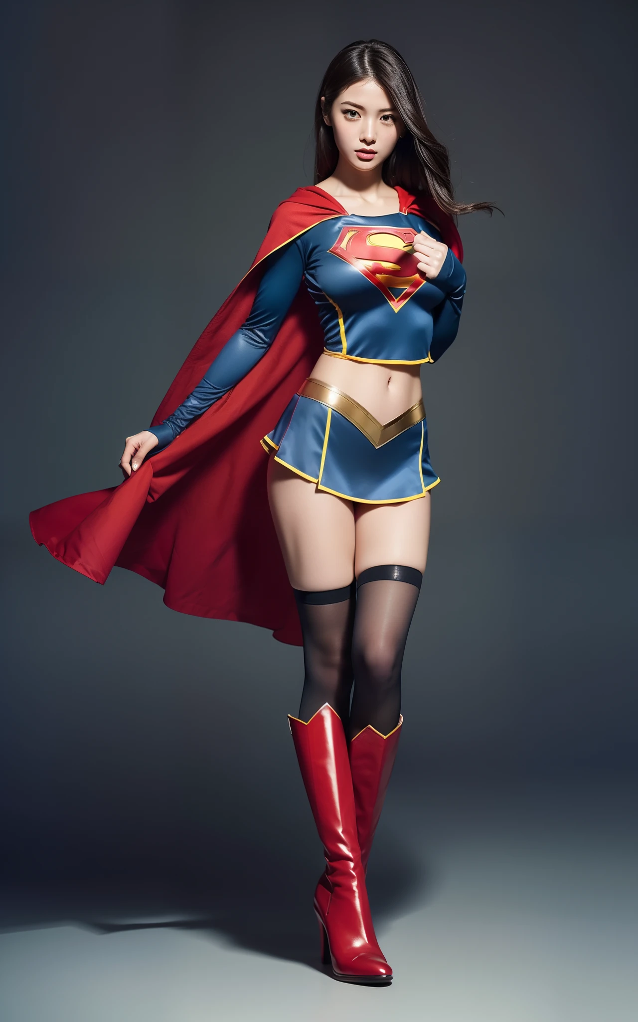 (((Make the most of the original image)))、(((Supergirl Costume)))、(((lustrous dark hair)))、(((Suffering)))、(((Feet must necessarily be worn with black tights)))、(((You need to wear red boots)))、((Top image quality、8K))、((top-quality、8K、masterpiece:1.3))、Crisp focus:1.2、Beautiful woman with perfect body shape:1.4、Slender Abs:1.2、((layers-Cut、large boob:1.2))、a wet body:1.5、Highly detailed facial and skin texture、