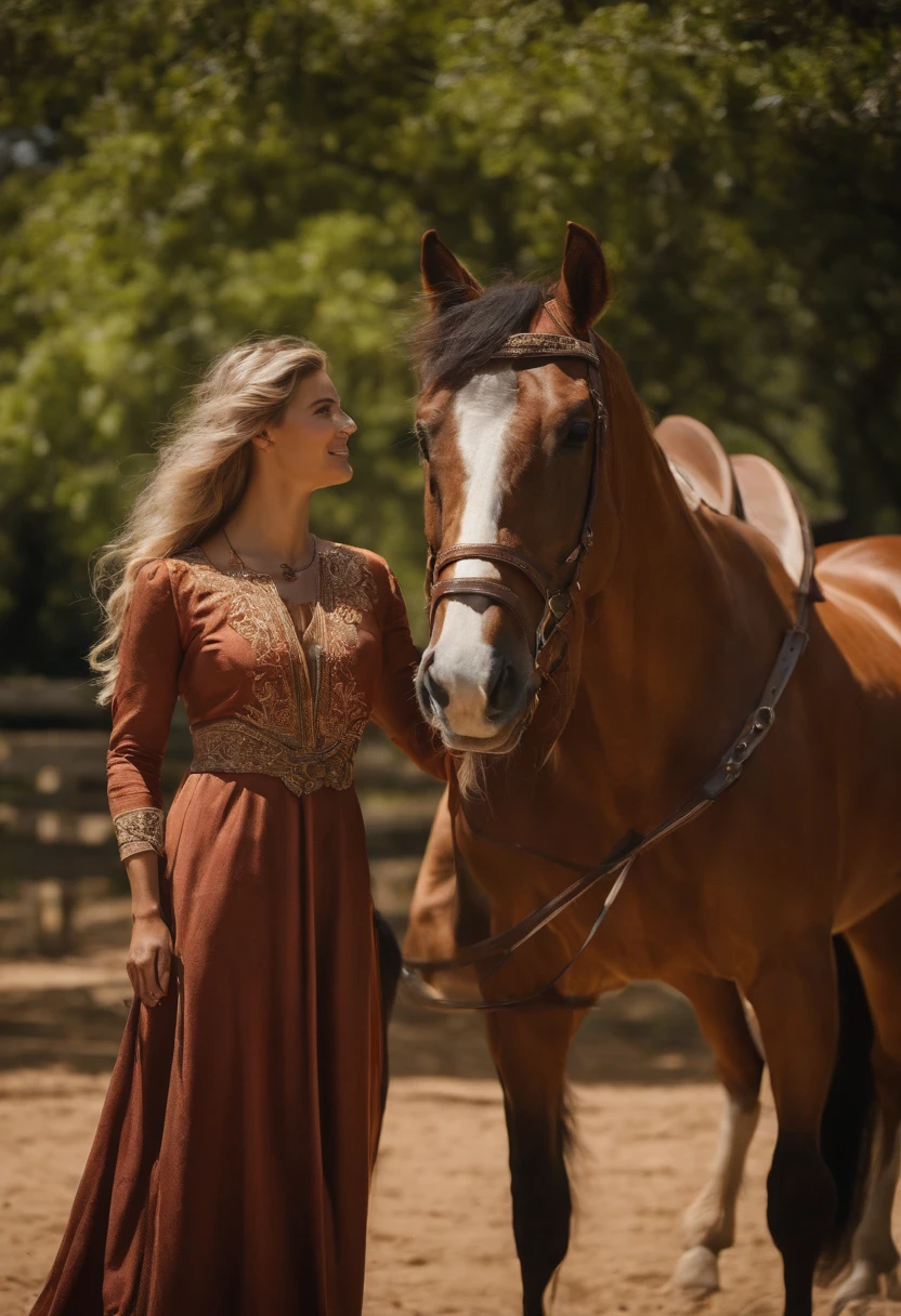 Descreva uma imagem de Isaque recebendo Rebeca no cavalo e o servo que conduziu o cavalo:

Isaac is standing, with hands folded in front of his body, enquanto observa Rebeca montada em um cavalo que se aproxima. The servant who led the horse is next to the animal, Holding the reins. Rebekah is smiling and waving at Isaac, as the horse steps gently on the dirt ground. The sun shines in the clear blue sky and some green trees can be seen in the background.