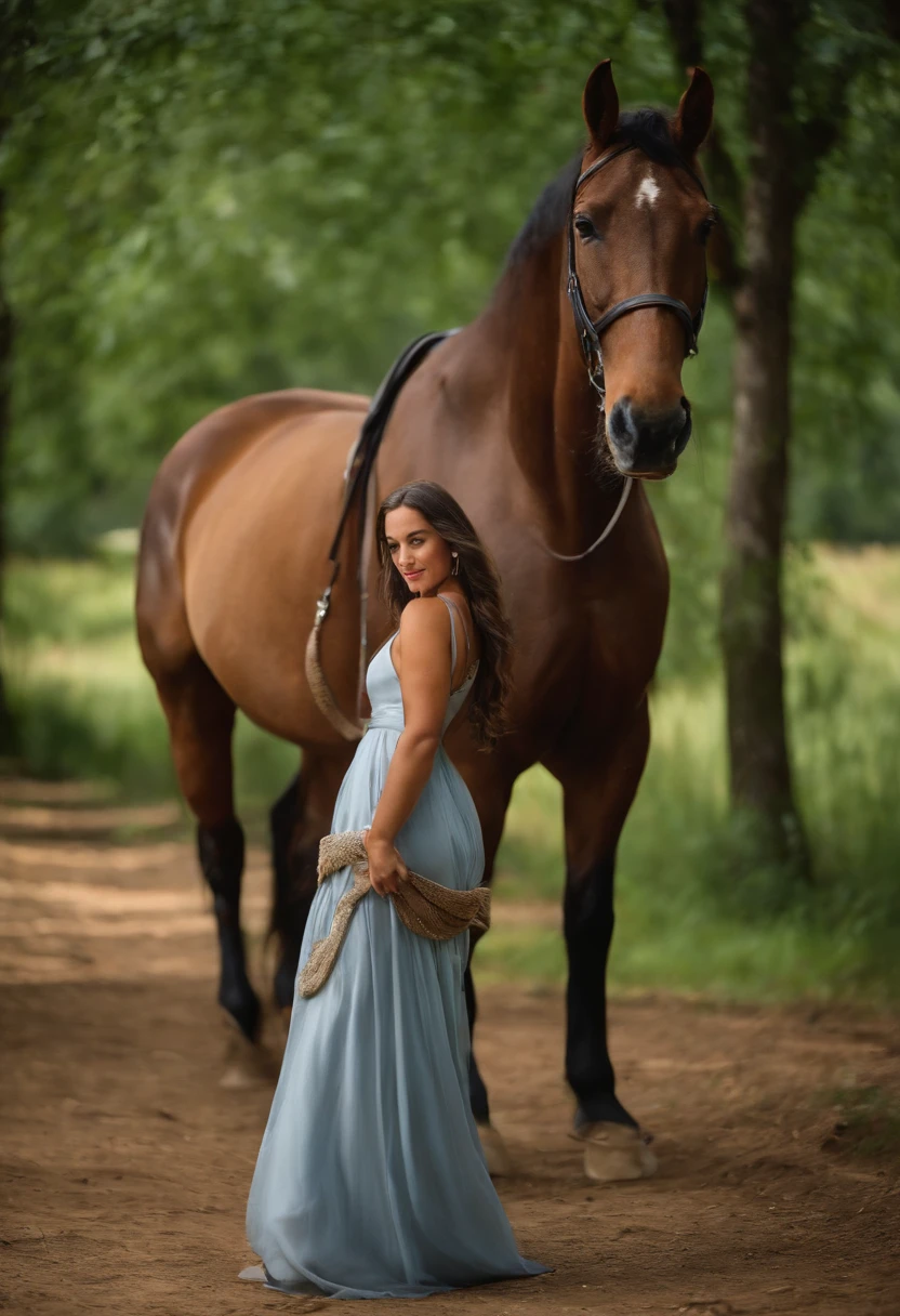 Descreva uma imagem de Isaque recebendo Rebeca no cavalo e o servo que conduziu o cavalo:
Isaac is standing, with hands folded in front of his body, enquanto observa Rebeca montada em um cavalo que se aproxima. The servant who led the horse is next to the animal, Holding the reins. Rebekah is smiling and waving at Isaac, as the horse steps gently on the dirt ground. The sun shines in the clear blue sky and some green trees can be seen in the background.
