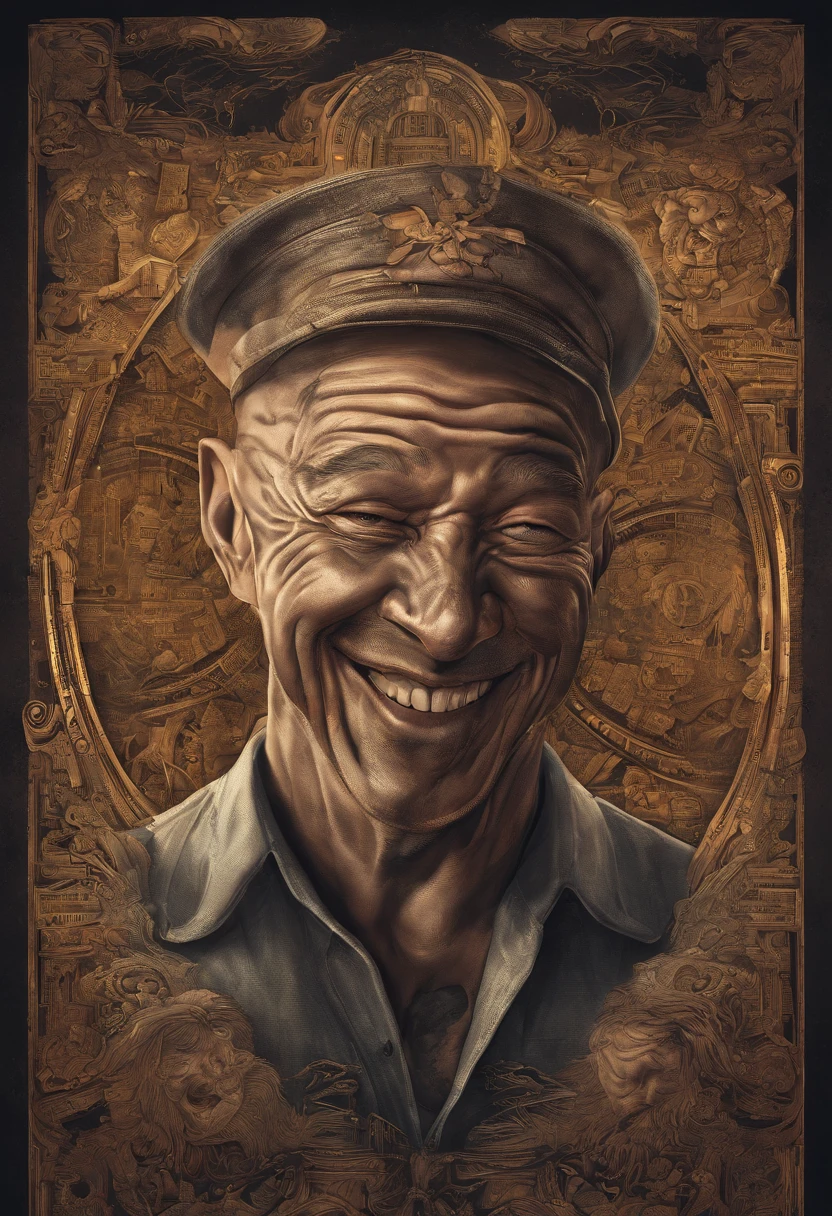 a portrait of a laughing, toxic, muscle, god, elder, (hdr:1.28), bald, hyperdetailed, cinematic, warm lights, intricate details, hyperrealistic, dark radial background, (muted colors:1.38), (neutral colors:1.2)