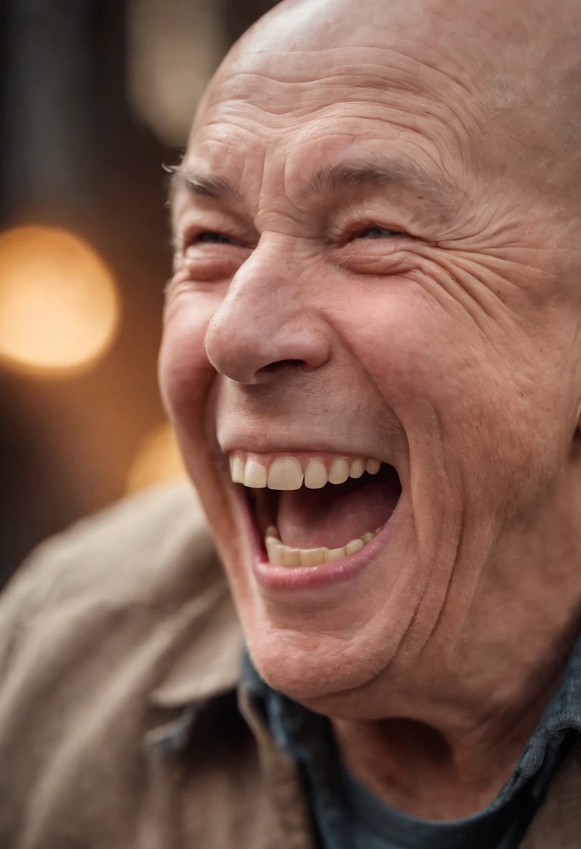 a portrait of a laughing, toxic, muscle, god, elder, (hdr:1.28), bald, hyperdetailed, cinematic, warm lights, intricate details, hyperrealistic, dark radial background, (muted colors:1.38), (neutral colors:1.2)