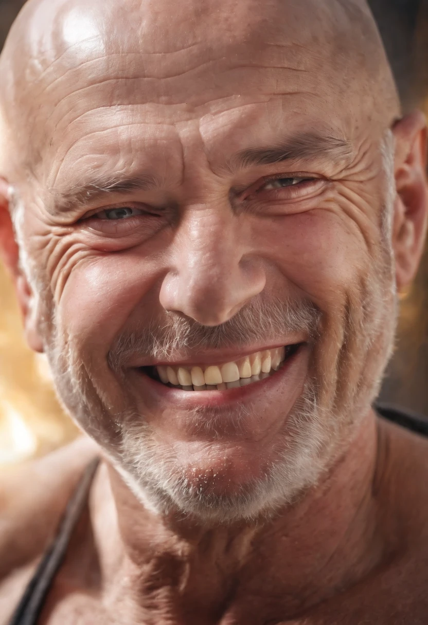 a portrait of a laughing, toxic, muscle, god, elder, (hdr:1.28), bald, hyperdetailed, cinematic, warm lights, intricate details, hyperrealistic, dark radial background, (muted colors:1.38), (neutral colors:1.2)