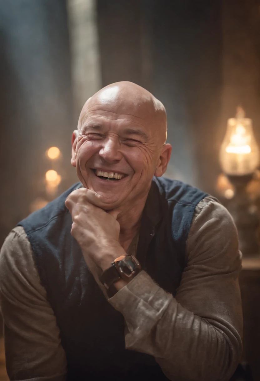 a portrait of a laughing, toxic, muscle, god, elder, (hdr:1.28), bald, hyperdetailed, cinematic, warm lights, intricate details, hyperrealistic, dark radial background, (muted colors:1.38), (neutral colors:1.2)