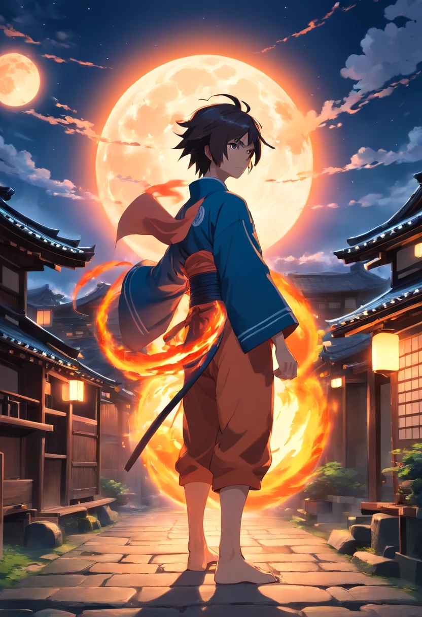 8k, detailed, wallpaper, ((japanese village, night:1.2)), detailed skin, dynamic pose, ninja clothes, madara uchiha from naruto, combat pose, susanoo, using fire powers, ((full moon:1.2)),