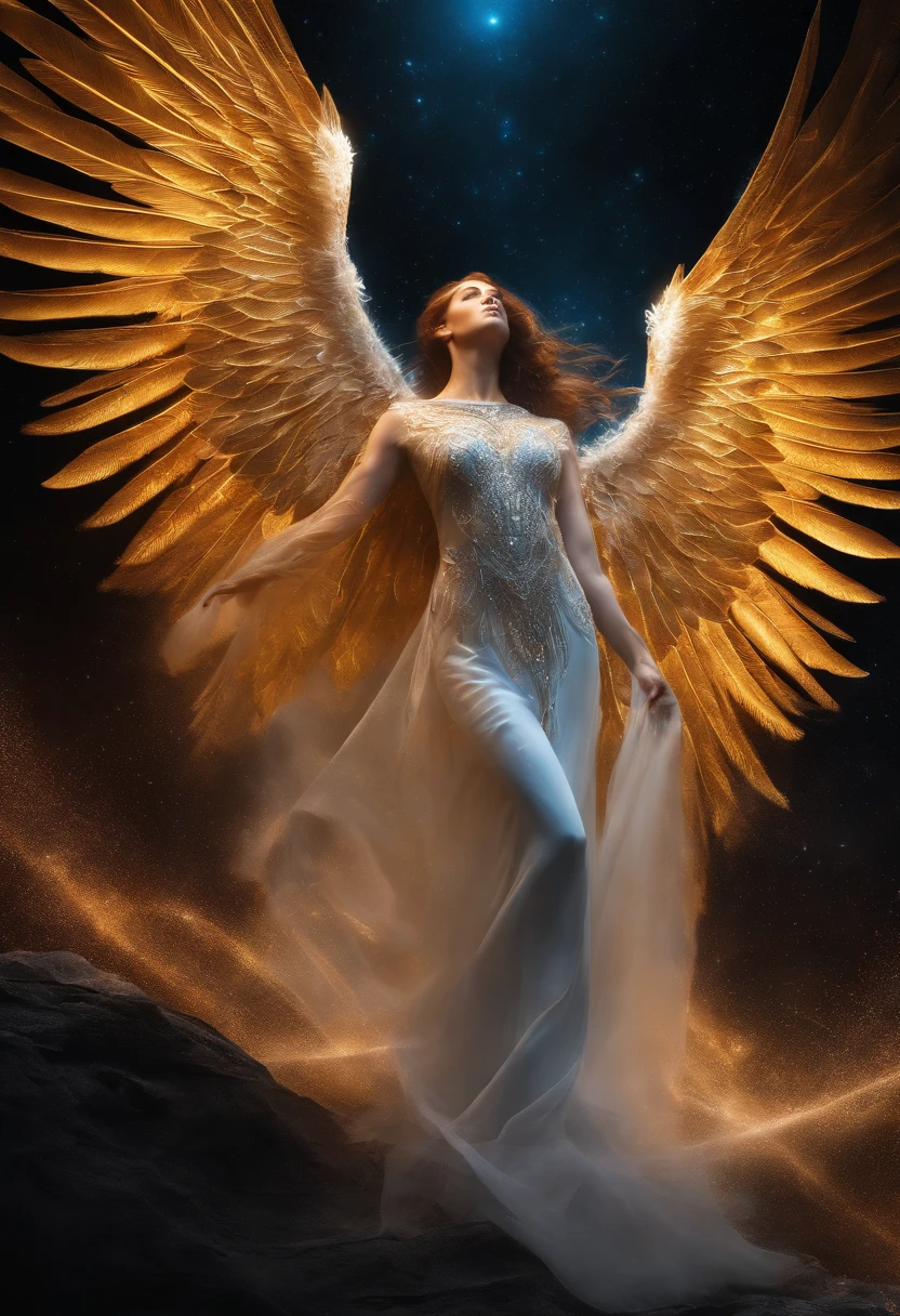cosmic fallen angel, olhos claros brilhantes, Biomechanicals, estranho, assustador, Pesadelo, cores muito brilhantes, light particles, com luz brilhante, Mshiff, Arte do papel de parede, Papel de parede UHD
