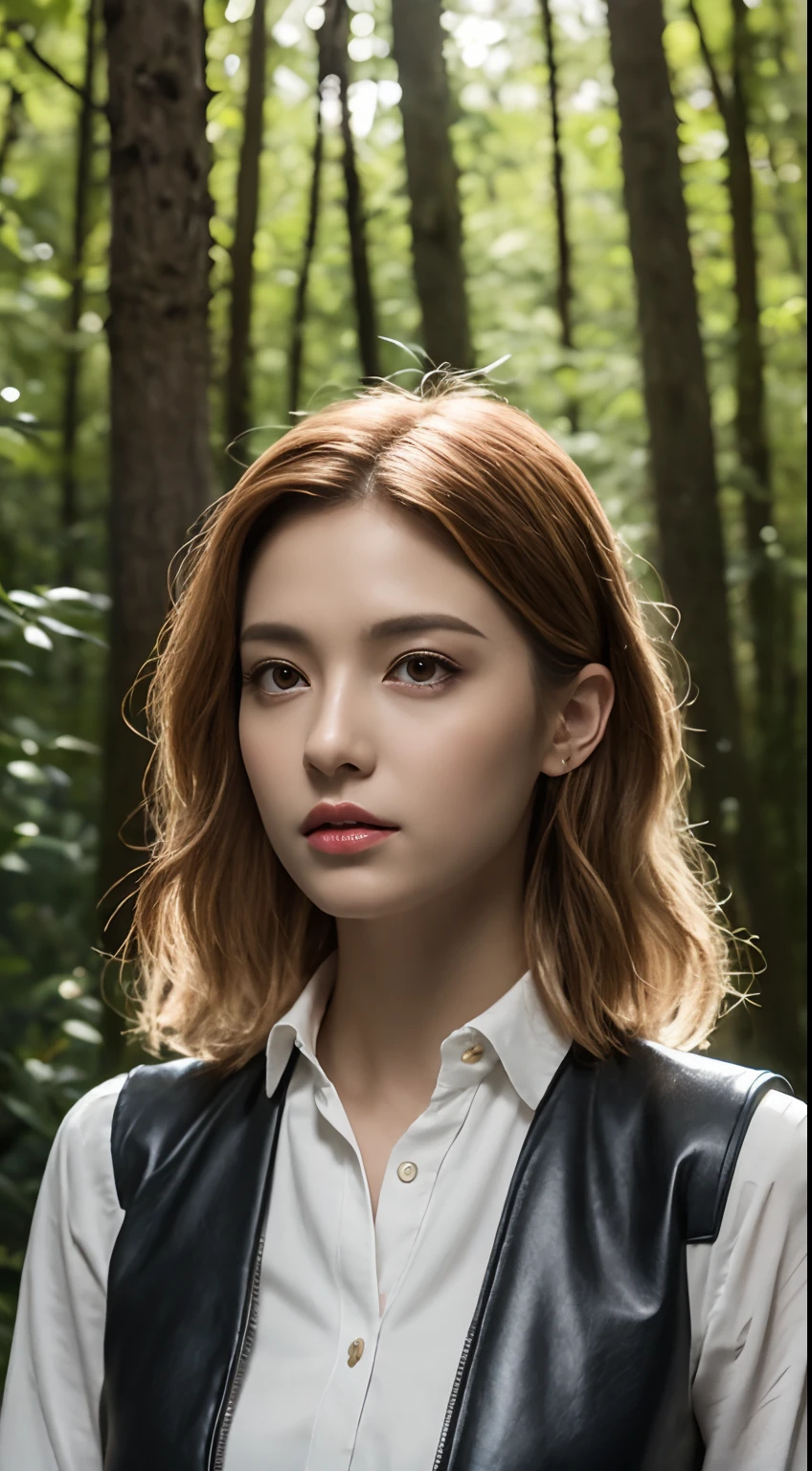 Dark skin, Detailed beautiful young woman, reddish-golden hair, long, Wavy and messy hair, Destyled perfect green eyes, Delicate, symmetrical, realistic and beautiful face, (magical forest background), Ranger Costume Leather Armor, fairy tail, Wildflowers blending into your hair, Full body, masutepiece, absurderes,Fine detail, Rich colors, Dramatic Lighting, Extremely detailed, Cinematic lighting