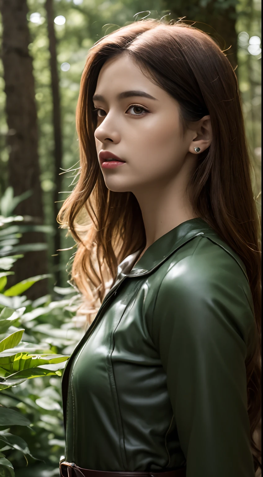 Dark skin, Detailed beautiful young woman, reddish-golden hair, long, Wavy and messy hair, Destyled perfect green eyes, Delicate, symmetrical, realistic and beautiful face, (magical forest background), Ranger Costume Leather Armor, fairy tail, Wildflowers blending into your hair, Full body, masutepiece, absurderes,Fine detail, Rich colors, Dramatic Lighting, Extremely detailed, Cinematic lighting