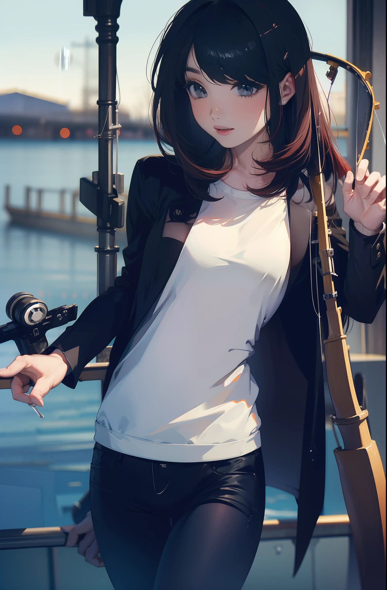 ultra-absurdres-Top quality by art God, ultra-detailed, high resolution, anime moe artstyle, best anime 8k konachan wallpaper, pixiv contest winner, perfect anatomy,break, 1girl, (Please draw a girl sitting and fishing alone. )break,(Solo,little female, 13-year-old:1.3),Full limbs, complete fingers,a junior high school student, Attractiveness of immature bodies, (very short hair), short cut, flat chest, , small butt, small black eyes, beautiful detailed eyes, well-proportioned iris and pupils, expressive eyes, highres detailed hair, soft expression, fishing rod, school_uniform, pleated skirt, holding,holding fishing rod, fishing line, (Detailed Lighting), (Detailed background), outdoors, ocean, sitting and fishing, on the wharf. break,super detailed skin, Best cinematic lighting powered by famous artist, 8k,beauty illustration,photoshop_(medium),very aesthetic,break,((artist:core )), artist:fukahire_(ruinon) ,artist:akinashi yuu ,artist:oyari ashito ,
