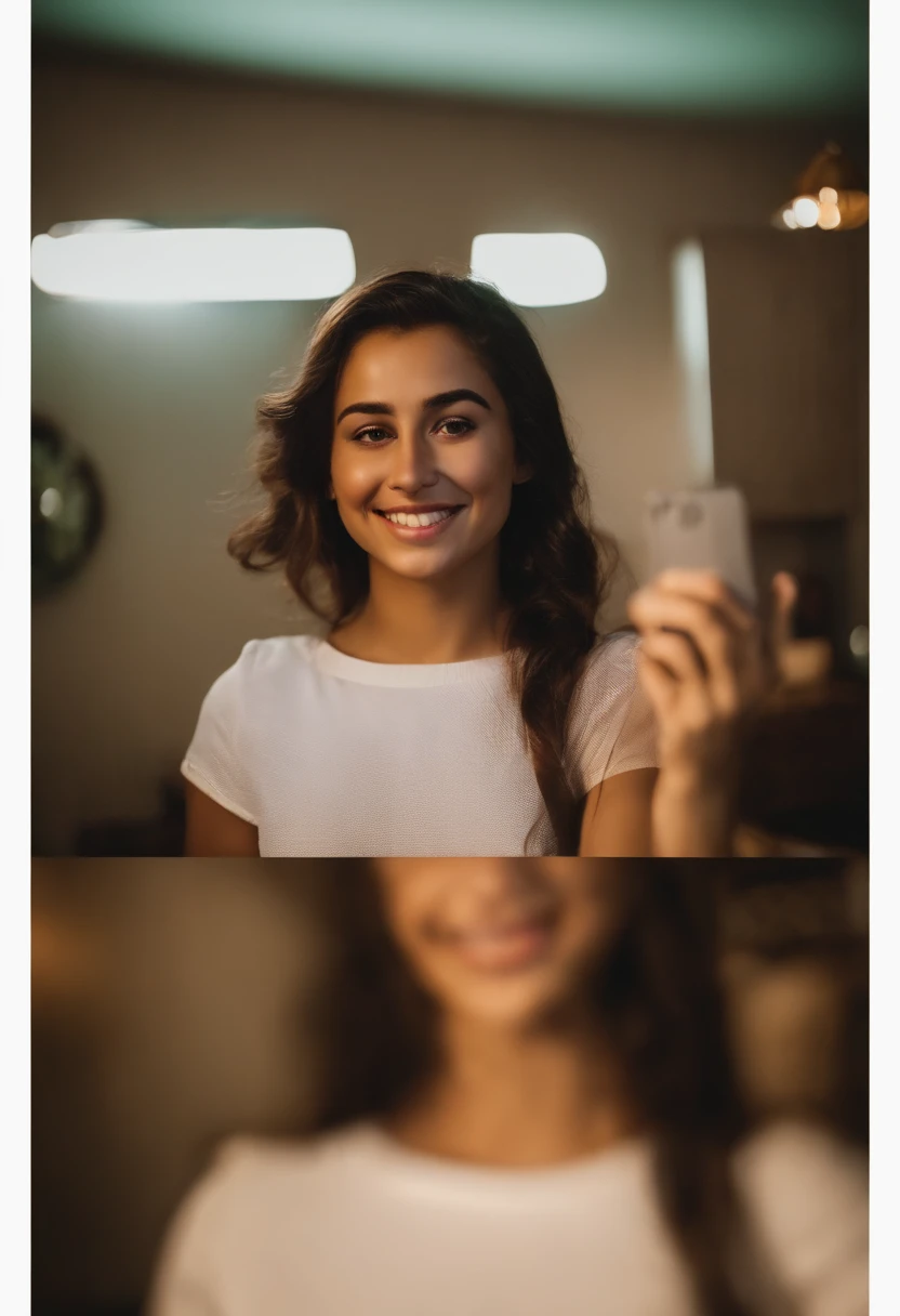 Por favor, Describes in detail a high-quality image depicting a 19-year-old Latina girl. The image appears to be a selfie taken by the young woman herself in her room in Bogotá during the night.. En la imagen, The girl radiates joy and confidence, with a smiling expression and striking green eyes that accentuate her beauty. Su cabello largo y sedoso cae con gracia sobre sus hombros. Ella luce un escote que resalta su busto, y su cuerpo se muestra bien definido, which reflects his dedication to the care of his figure. The girl extends her arm with the phone in her hand, como si estuviera tomando la selfie, mientras la suave luz nocturna ilumina su rostro de manera suave y elegante. The details of the room are visible through this dim light, desde los colores de las paredes hasta los objetos personales que la rodean, which adds depth and context to the scene. The image captures an intimate and authentic moment of the young woman in her personal sanctuary in Bogotá on a quiet and relaxing night..