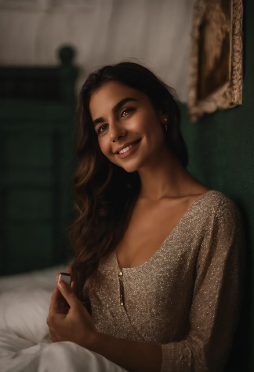 Por favor, Describes in detail a high-quality image depicting a 19-year-old Latina girl. The image appears to be a selfie taken by the young woman herself in her room in Bogotá during the night.. En la imagen, The girl radiates joy and confidence, with a smiling expression and striking green eyes that accentuate her beauty. Su cabello largo y sedoso cae con gracia sobre sus hombros. Ella luce un escote que resalta su busto, y su cuerpo se muestra bien definido, which reflects his dedication to the care of his figure. The girl extends her arm with the phone in her hand, como si estuviera tomando la selfie, mientras la suave luz nocturna ilumina su rostro de manera suave y elegante. The details of the room are visible through this dim light, desde los colores de las paredes hasta los objetos personales que la rodean, which adds depth and context to the scene. The image captures an intimate and authentic moment of the young woman in her personal sanctuary in Bogotá on a quiet and relaxing night..