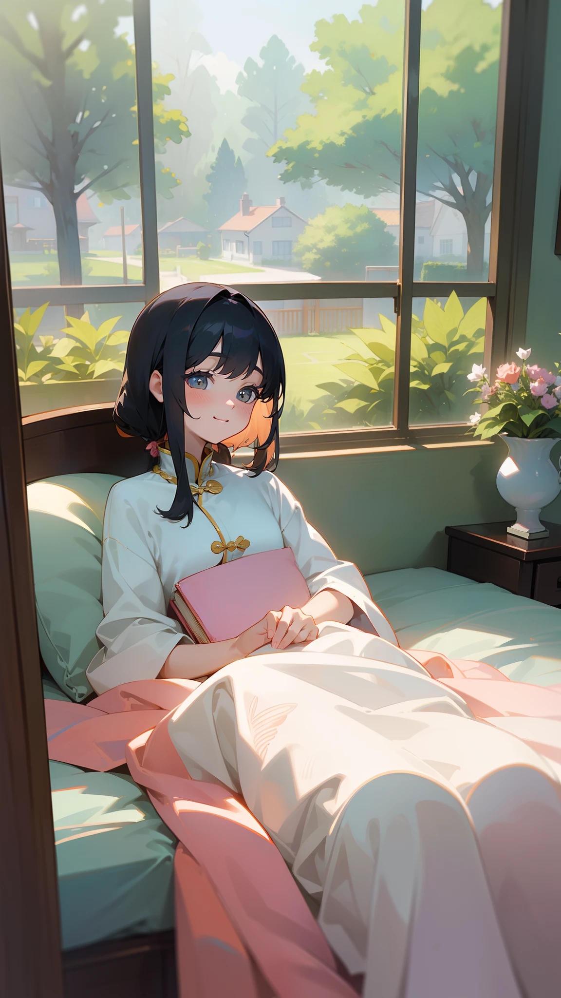 ((Masterpiece,Best quality,modern)), Screen description:On a warm summer afternoon,Sunlight streams through the windows into a spacious and bright bedroom。The walls inside the bedroom are decorated in soft pink,On the bed lay a white tulle quilt,On the bedside table is a bouquet of carefully arranged flowers。In front of the window is a simple and comfortable chair,On it lay an open book and a warm teacup。From the window you can see the tree-lined garden,Occasionally, the cheerful singing of birds is heard。The whole picture exudes a peaceful and welcoming atmosphere,Let people feel the warmth and beauty of love。