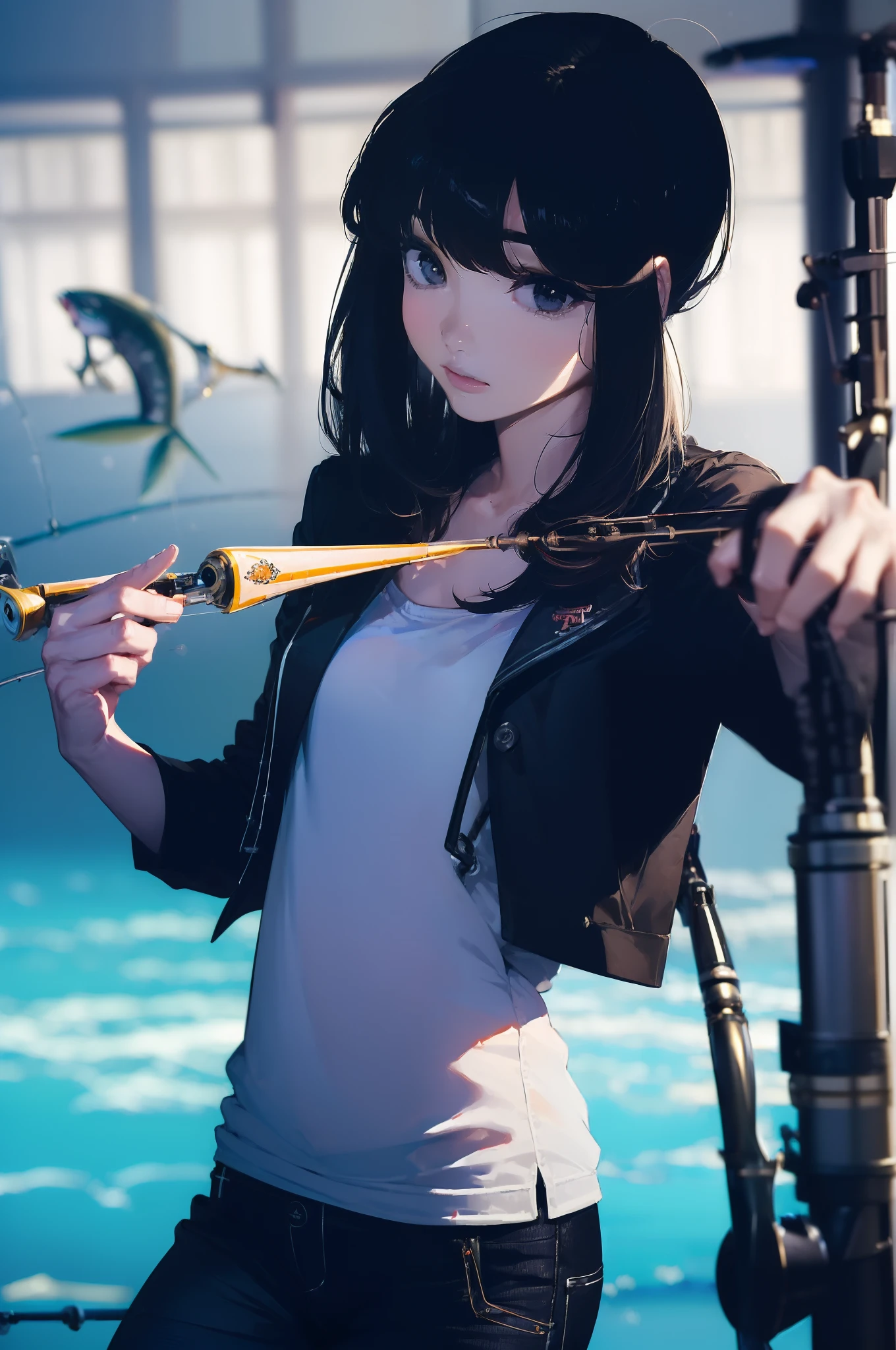 ((((having a fishing rod with a reel by the lakeside:1.5)))),((Female 28 years old)),((Best Quality:1.5)),(((Hands with the correct number and structure of fingers:1.4))),((Big fish:1.37)),hight resolution,ultra-detailliert,​masterpiece,best qualtiy,(Eight-headed body),Black hair, long eyes-lashes, Solid Circle Eyes, drop shadow, Atmospheric perspective,Super Detail, ccurate, small brest,(Black jacket and black jeans :1.1),top-quality, blurry backround, bokeh dof:1.2, (​masterpiece:1.3), Atmospheric perspective,Super Detail,dynamic compositions,