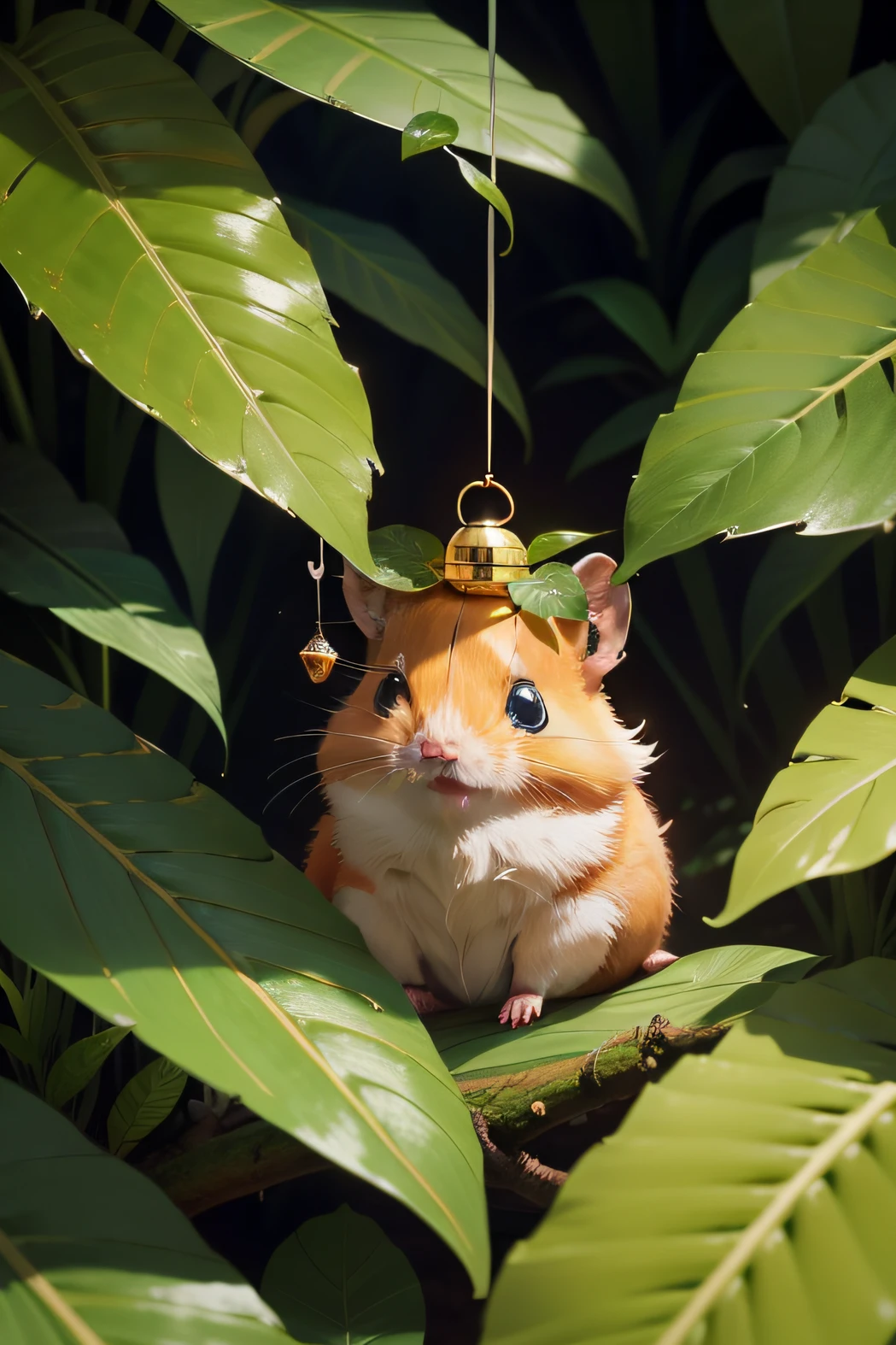 "Desenhe Tico, o hamster, very close to the viewer in the Forest of Trololó on a sunny day. Tico is in the center of the image, crouching down and watching with great care and admiration a single drop of shiny honey that hangs from a leaf, refletindo intensamente a luz do sol. A cena enfatiza Tico e a gota, com a floresta ao seu redor criando um ambiente de cores vibrantes e vida, but with Tico and the drop of glowing honey hanging from the leaf being the focal point of the illustration."