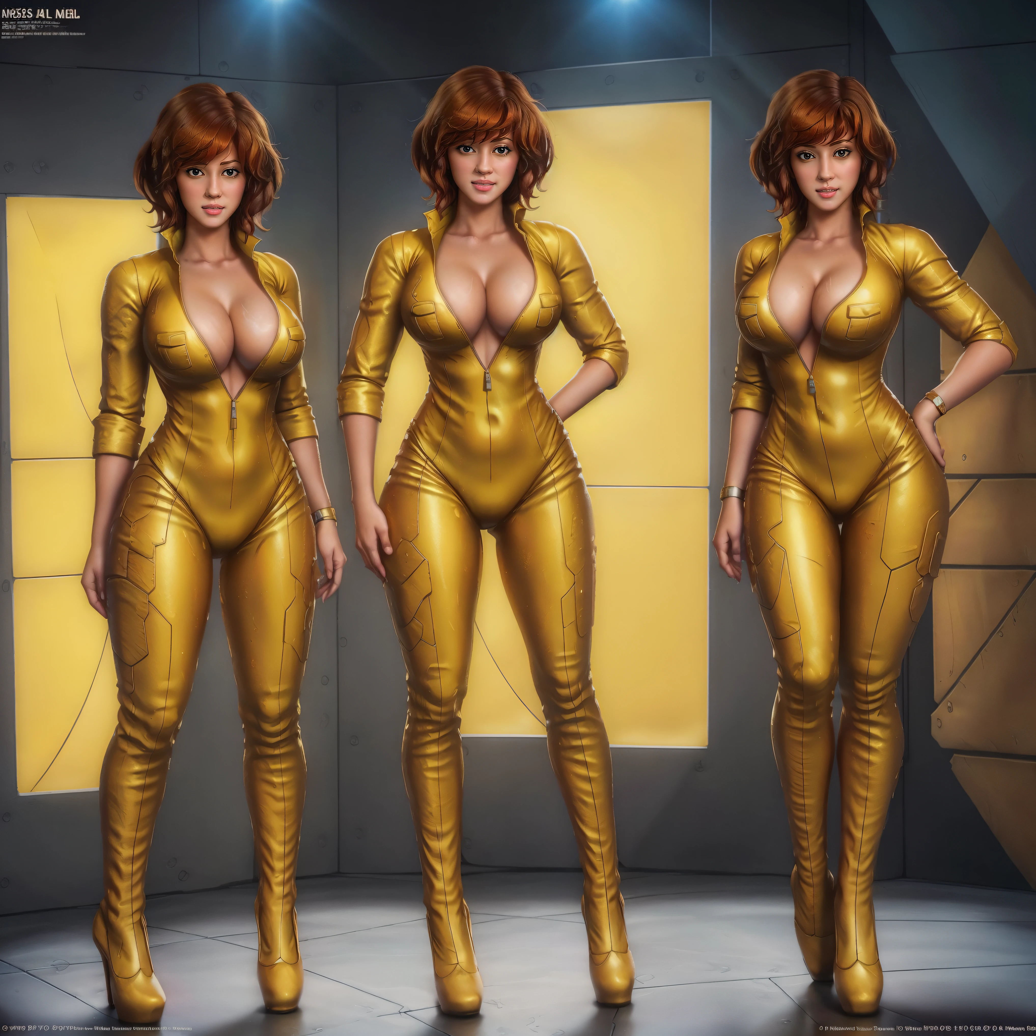 April O'neil wearing a yellow bikini, short wet messy brown hair, brown eyes, 8k, ((full-body)), cleavage, (best quality:1.2), detailed face, smooth soft skin, big dreamy eyes, beautiful intricate coloured hair, symmetrical, anime wide eyes, soft lighting, concept art, full body portrait, yellow heels, shoes visible, cowboy shot, face view, ass view, puffy nipple, no background