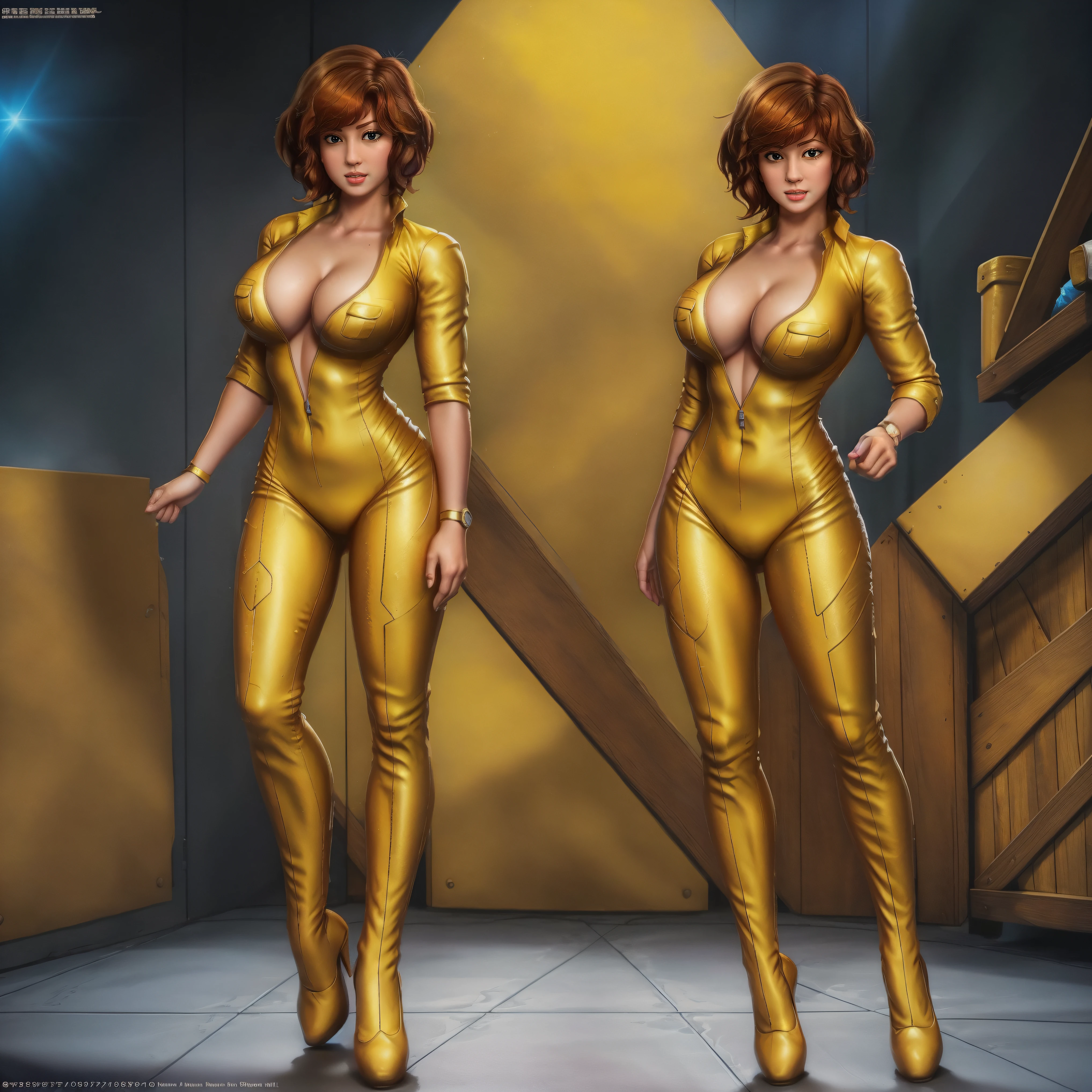April O'neil wearing a yellow bikini, short wet messy brown hair, brown eyes, 8k, ((full-body)), cleavage, (best quality:1.2), detailed face, smooth soft skin, big dreamy eyes, beautiful intricate coloured hair, symmetrical, anime wide eyes, soft lighting, concept art, full body portrait, yellow heels, shoes visible, cowboy shot, face view, ass view, puffy nipple, no background