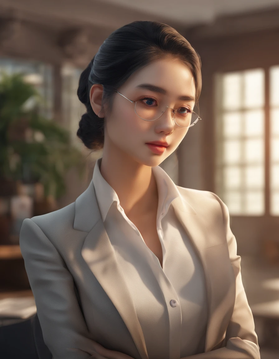 A gril having headache in the office, and the sunlight is streaming through the window, creating a warm and inviting atmosphere. She is wering her formal attire, asia Malay girl, realistic, best quality, photo-realistic 8k, (best quality:1.1), masterpiece, (realistic:1.1), photo-realistic