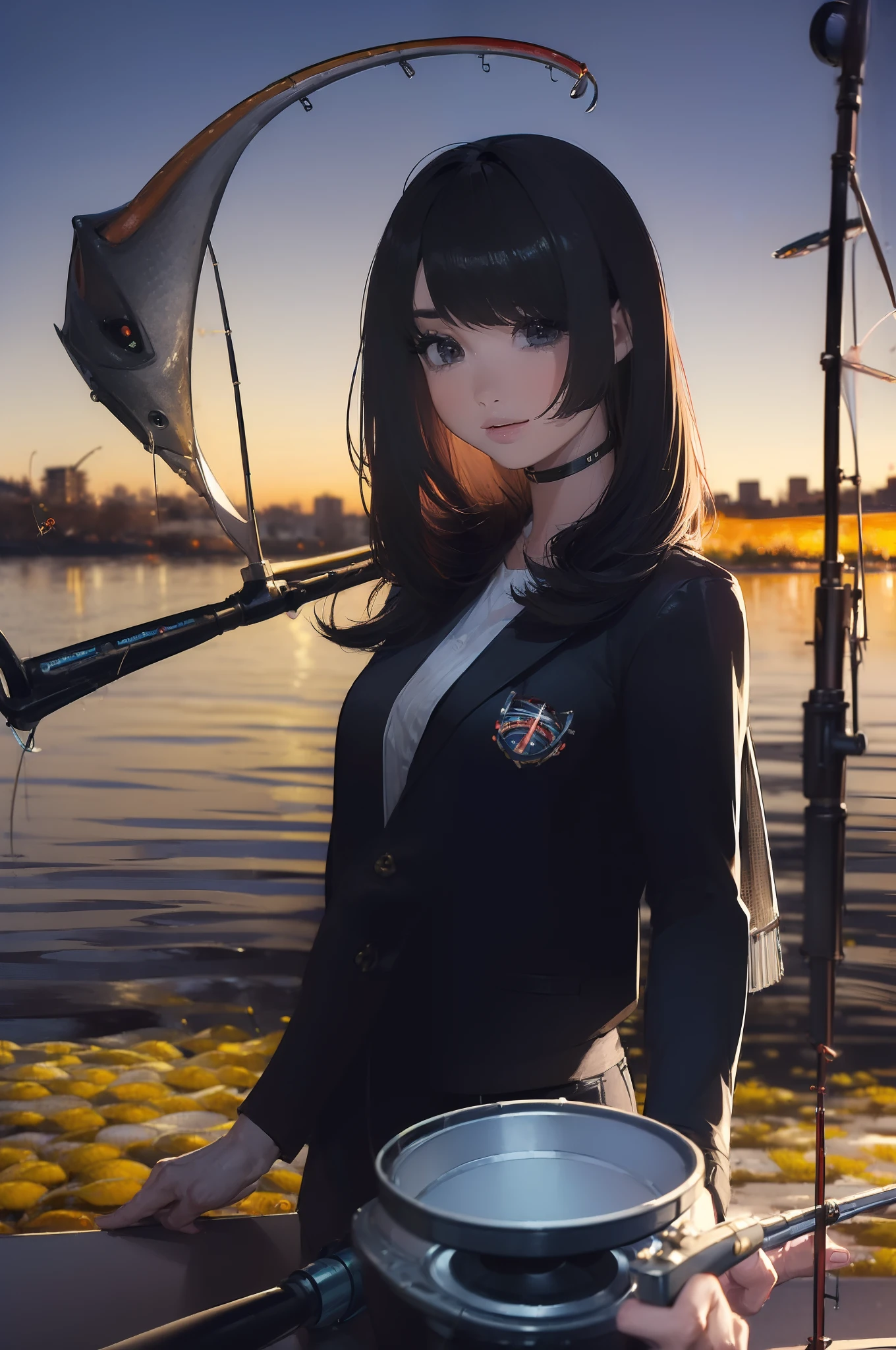 ((((having a fishing rod with a reel by the lakeside:1.5)))),((Female 28 years old)),((Best Quality:1.5)),(((Hands with the correct number and structure of fingers:1.4))),((Big fish:1.37)),hight resolution,ultra-detailliert,masterpiece,best qualtiy,(Eight-headed body),Black hair, long eyes-lashes, Solid Circle Eyes, drop shadow, Atmospheric perspective,Super Detail, ccurate, small brest,(Black jacket and black jeans :1.1),top-quality, blurry backround, bokeh dof:1.2, (masterpiece:1.3), Atmospheric perspective,Super Detail,dynamic compositions,