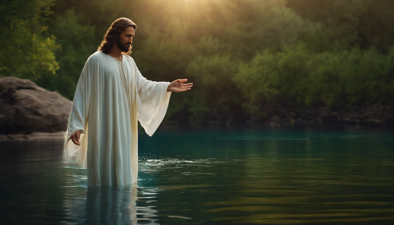 Jesus Cristo, imagem altamente realista em 4k, walking under the waters of a lake, serene expression of pure compassion.