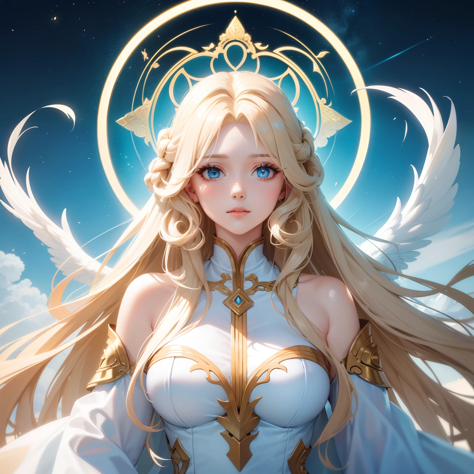 An adult beautiful woman with long blonde hair and sky blue eyes. Angel, surrounded by a golden magical aura, white  and gold clothes, adult face and shape, mysterious and ancient outfit serafin, curly hair, breathtaking, angelic shape eyes, goddess look, glowing