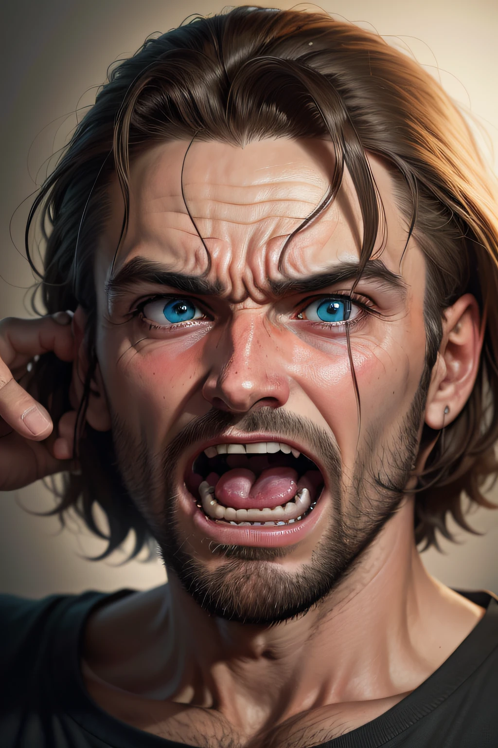 Retrato realista em close-up UltraHD de um homem com cabelos castanhos curtos, emphasis on the expression of despair, chocado, screaming with his hands on his face