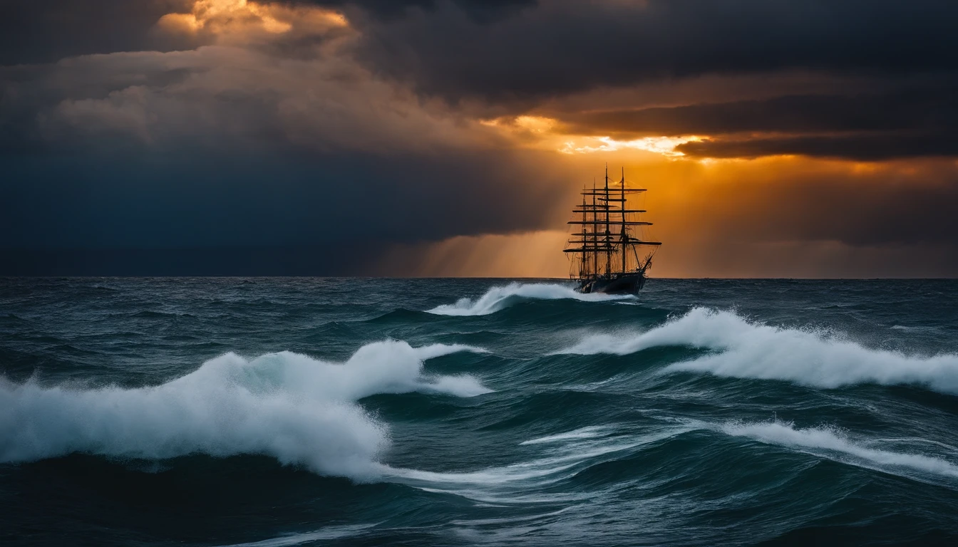 imagem de um navio pirata em uma tempestade em alto mar, A sky with dark clouds and angry sea