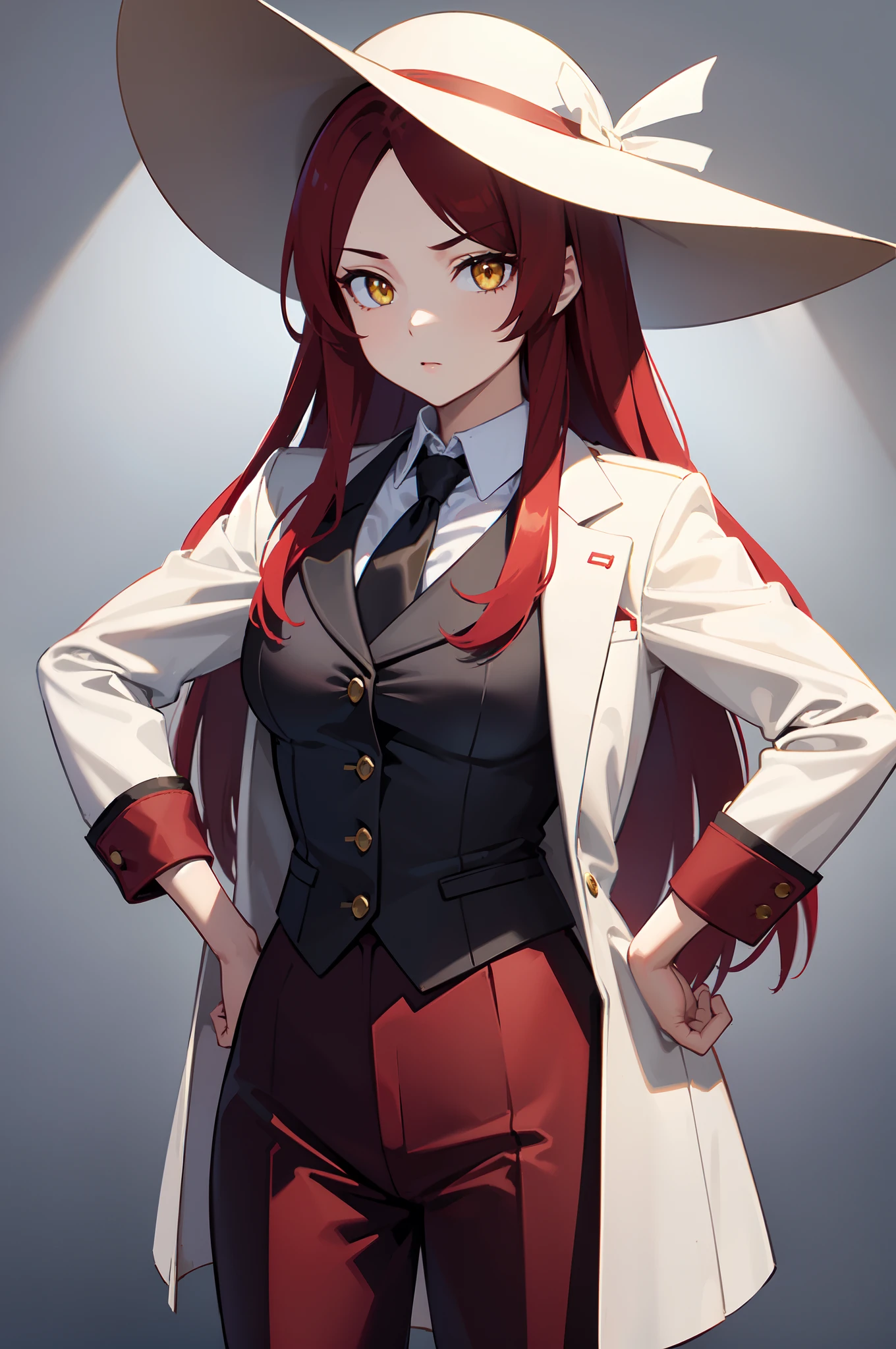 masterpiece, best quality, 1girl, solo, scarlet red hair, (long hair, forehead), yellow eyes, medium breasts, neutral, ((wide sunhat)), hands on hips, jacket, black cropped jacket, white shirt, button shirt, suit, suit pants, black pants, looking at viewer, white background, simple background, transparent background, standing, upper body, portrait