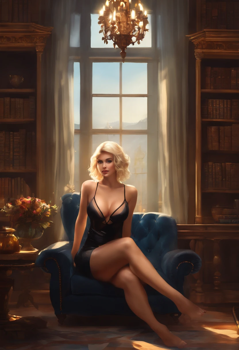 1girl, black see-through bodysuit, (sitting), (large breasts:1.3), black underwear:1.3, short hair, blonde hair, blue eyes,, high leg panties, upper body, (dynamic poses:1.2), indoors, window, book shelf, chandelier, decorations ,