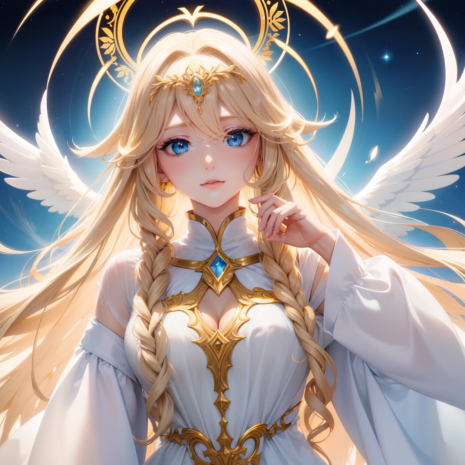 An adult beautiful woman with long blonde hair and sky blue eyes. Angel, surrounded by a golden magical aura, white and gold clothes, adult face and shape, mysterious and ancient outfit serafin, curly hair, breathtaking, angelic shape eyes, goddess look, glowing