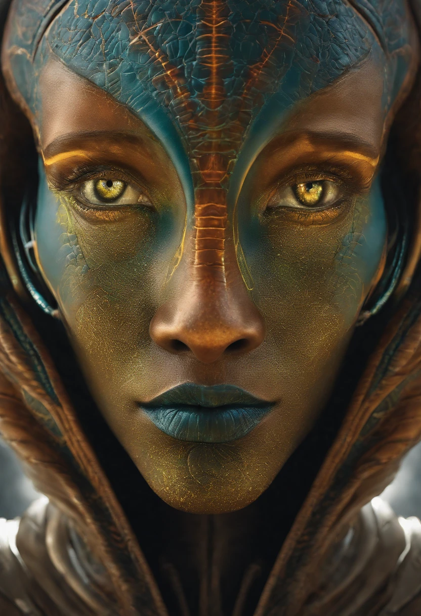 Create a colorful and detailed image of the face of an extraterrestrial with unique and expressive features. The extraterrestrial must look friendly and with some humanoid resemblance. Certifique-se de incluir elementos como olhos, boca, orelhas pontudas e ombros. It is not necessary to create the whole body. Ele veste uma roupa justa prateada. Use colors that suggest an extraterrestrial environment and an atmosphere of mystery. The result should be an image that sparks imagination and curiosity.