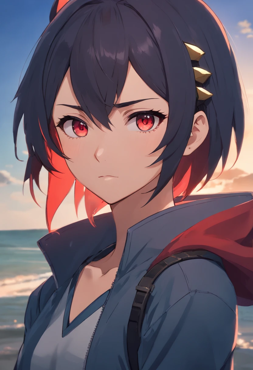 Persona masculina,Hombre, Demonio, Orejas de lobo, Uno con un personal, hombre con armadura,Armadura ligera,Dark armor with spikes on the shoulders,Tormenta con armadura reflectante de rayos color rojos,Tiene el pelo negro con rojo,Pupilas negra,El color de los ojos es uno rojo y el otro rojo, Cabello whaite, asymmetric hair, capucha hacia arriba, Guirnalda marchita de la cabeza, alumnos no coincidentes, pensamiento, Contemplativo, solitario, determinado, disdain, High detail, Anime, claroscuro, cinematic lighting, Hojas de caracteres, Hoja de referencia, hiper HD, Obra maestra, ccurar, piel texturizada, Detalles altos, La mejor calidad, A high resolution