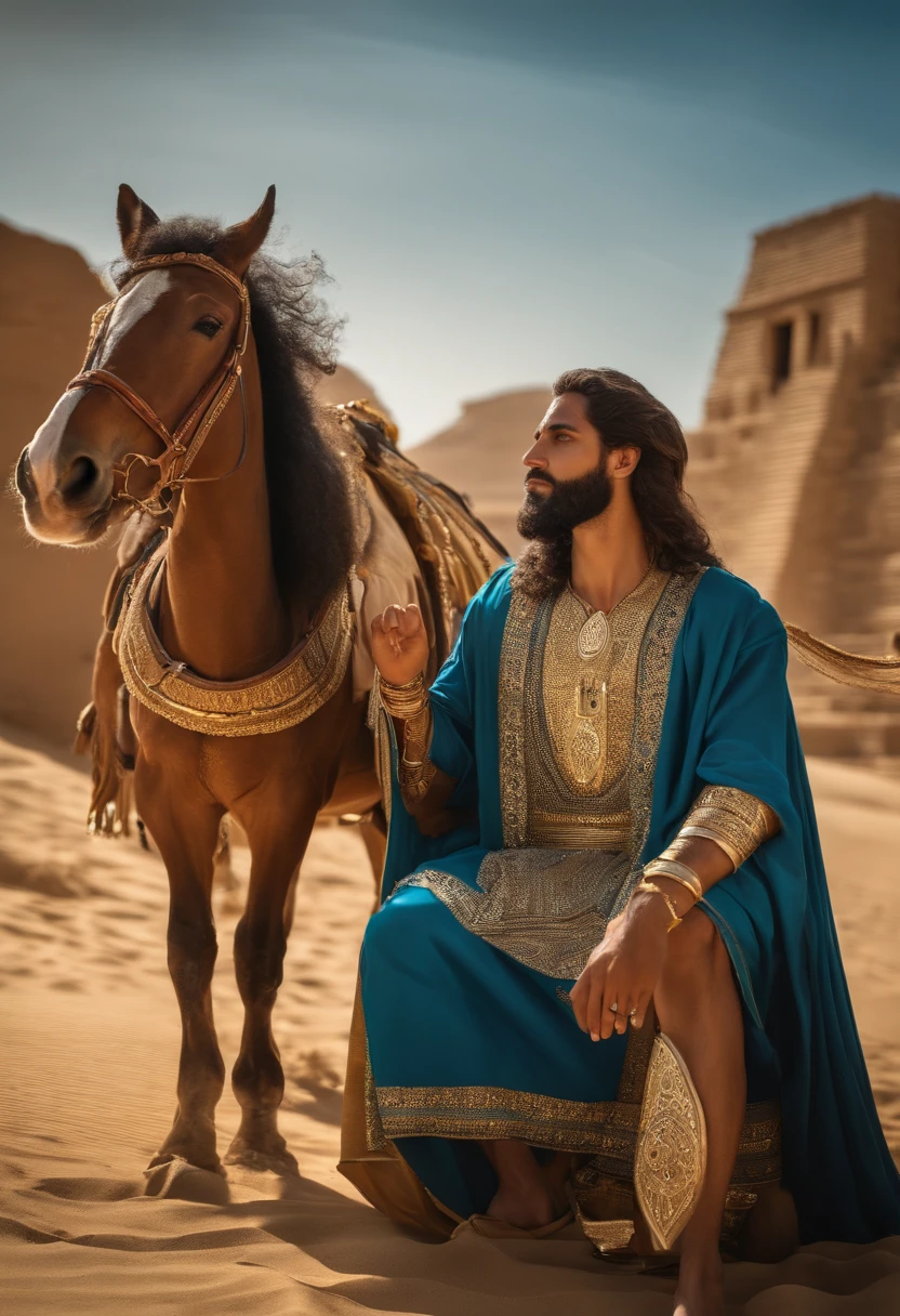 Homem de 30 anos, Beleza Hebreia, biblical story, Joseph of Egypt, rosto muito bonito, olhos castanhos , white egyptian clothes with blue details, gold necklace on neck, sitting in an Egyptian carriage with two white horses, strolling through the Egyptian city. , sem brincos, cabelos curtos, alto detalhe, biblical story,: epic realistic, Soft cinematic portrait, Adobe Lightroom, photographic lab, altamente detalhado, (cores claras: 1,2), (HDR: 1,4) , (cores suaves:1.2), hiperdetalhado, (art-station:1.4), cinemactic, luzes quentes, dramatic light, (detalhes intrincados:1.1), fundo egito antigo , melhor qualidade,obra-prima.