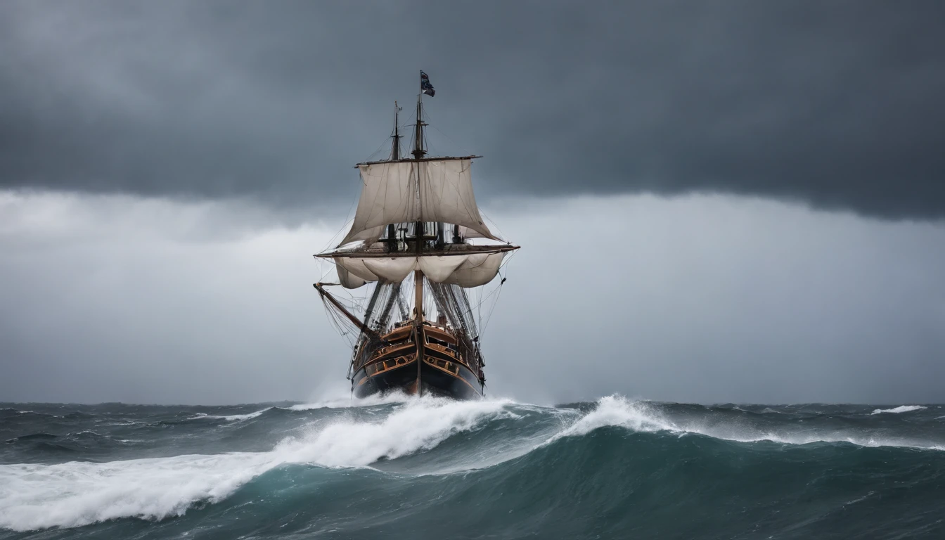 imagem de um navio pirata em uma tempestade em alto mar, A sky with dark clouds and angry sea