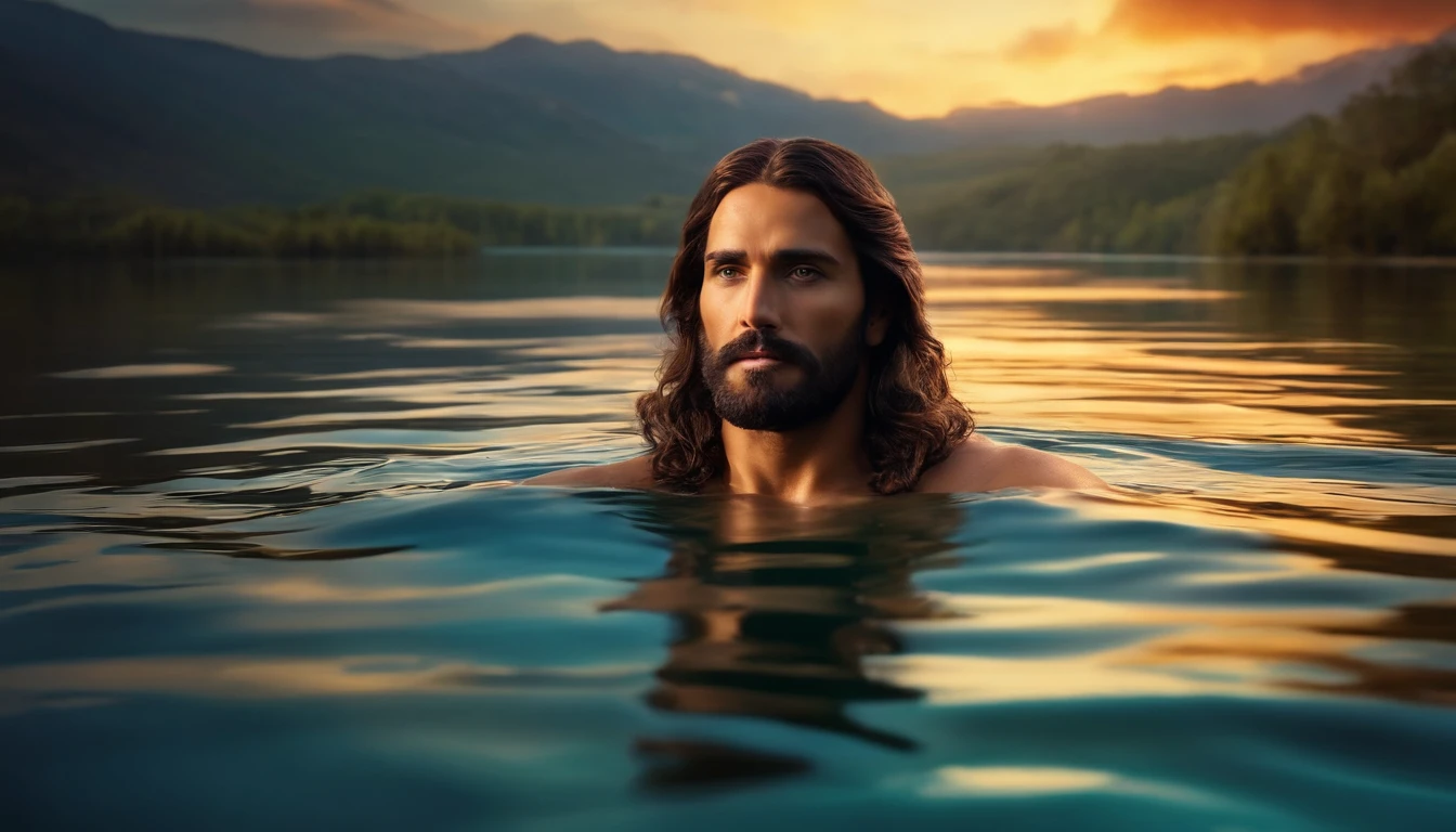 Jesus Cristo, imagem altamente realista em 4k, walking under the waters of a lake, serene expression of pure compassion.