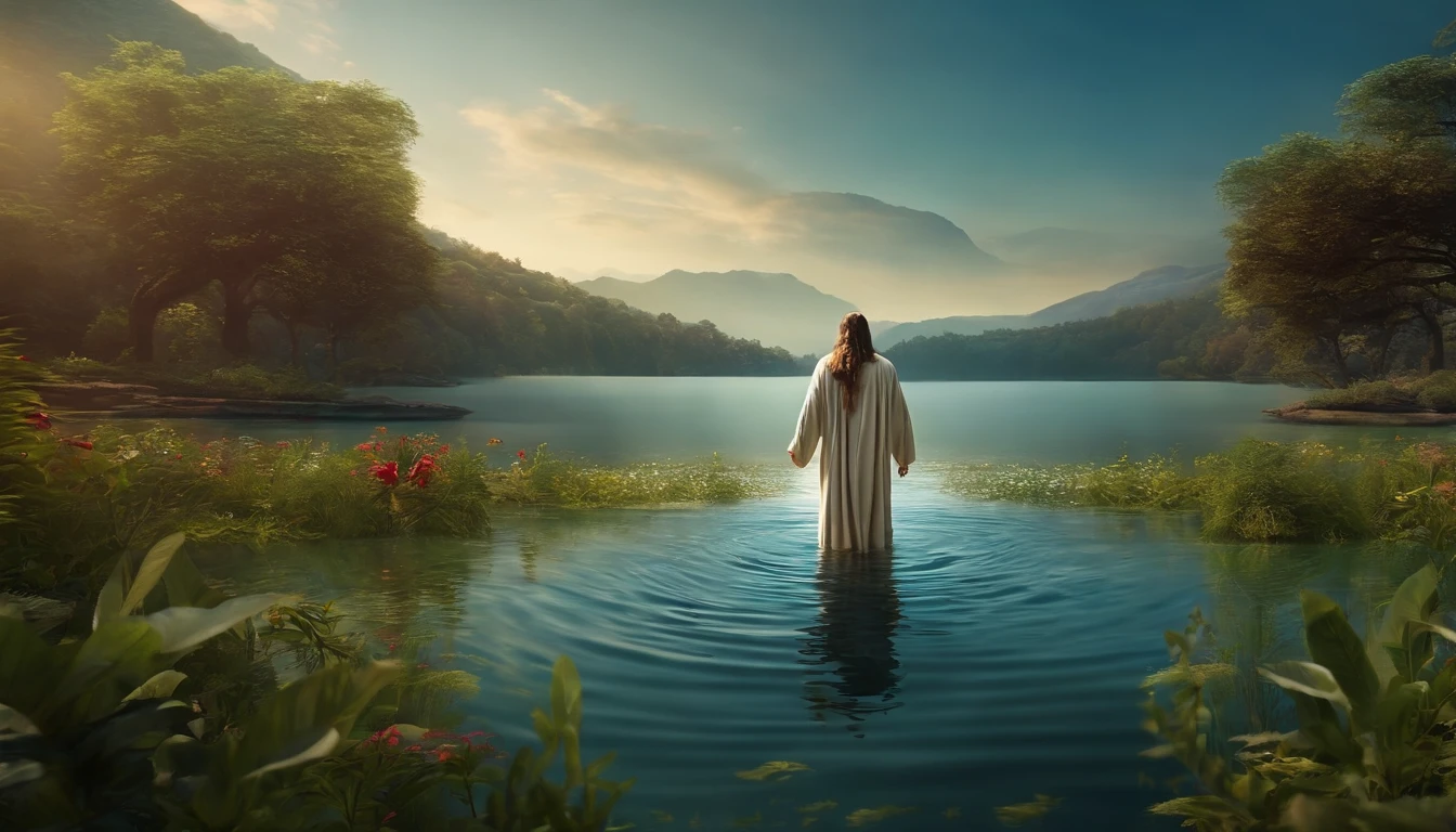 Jesus Cristo, imagem altamente realista em 4k, walking under the waters of a lake, serene expression of pure compassion.