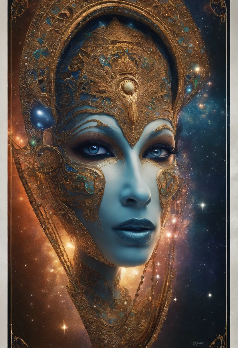 Create a colorful and detailed image of the face of an extraterrestrial with unique and expressive features. The extraterrestrial must look friendly and with some humanoid resemblance. Certifique-se de incluir elementos como olhos, boca, orelhas pontudas e ombros. It is not necessary to create the whole body. Ele veste uma roupa justa prateada. Use colors that suggest an extraterrestrial environment and an atmosphere of mystery. The result should be an image that sparks imagination and curiosity.