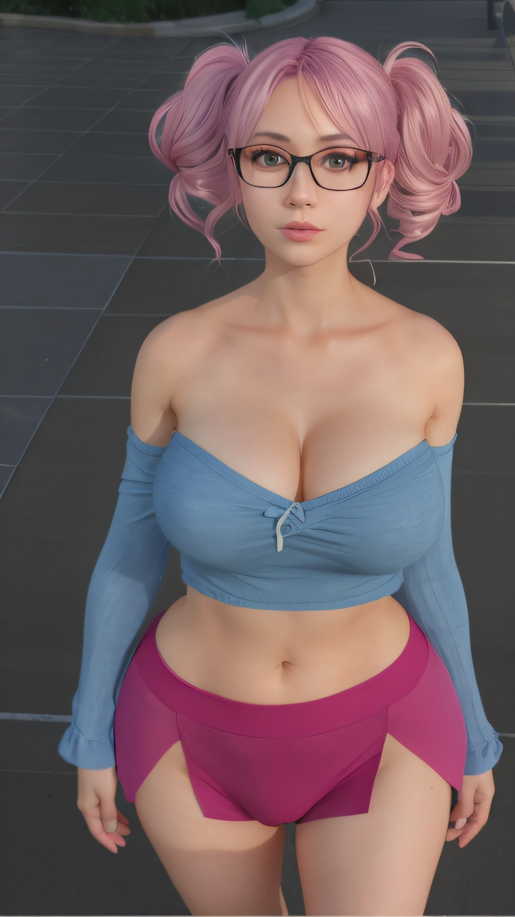 There's a woman with glasses and a pink top posing for a photo, photorealistic anime girl rendering, corpo perfeito sombreado realista, Pose casual, cabelo rosa twintail e olhos cianos, semi-realistic rendering, [ Fotorrealismo 4K ]!!!, [ Fotorrealismo 4K ]!!, anime altamente detalhado, Estilo anime 3D realista, anime estilo 3d