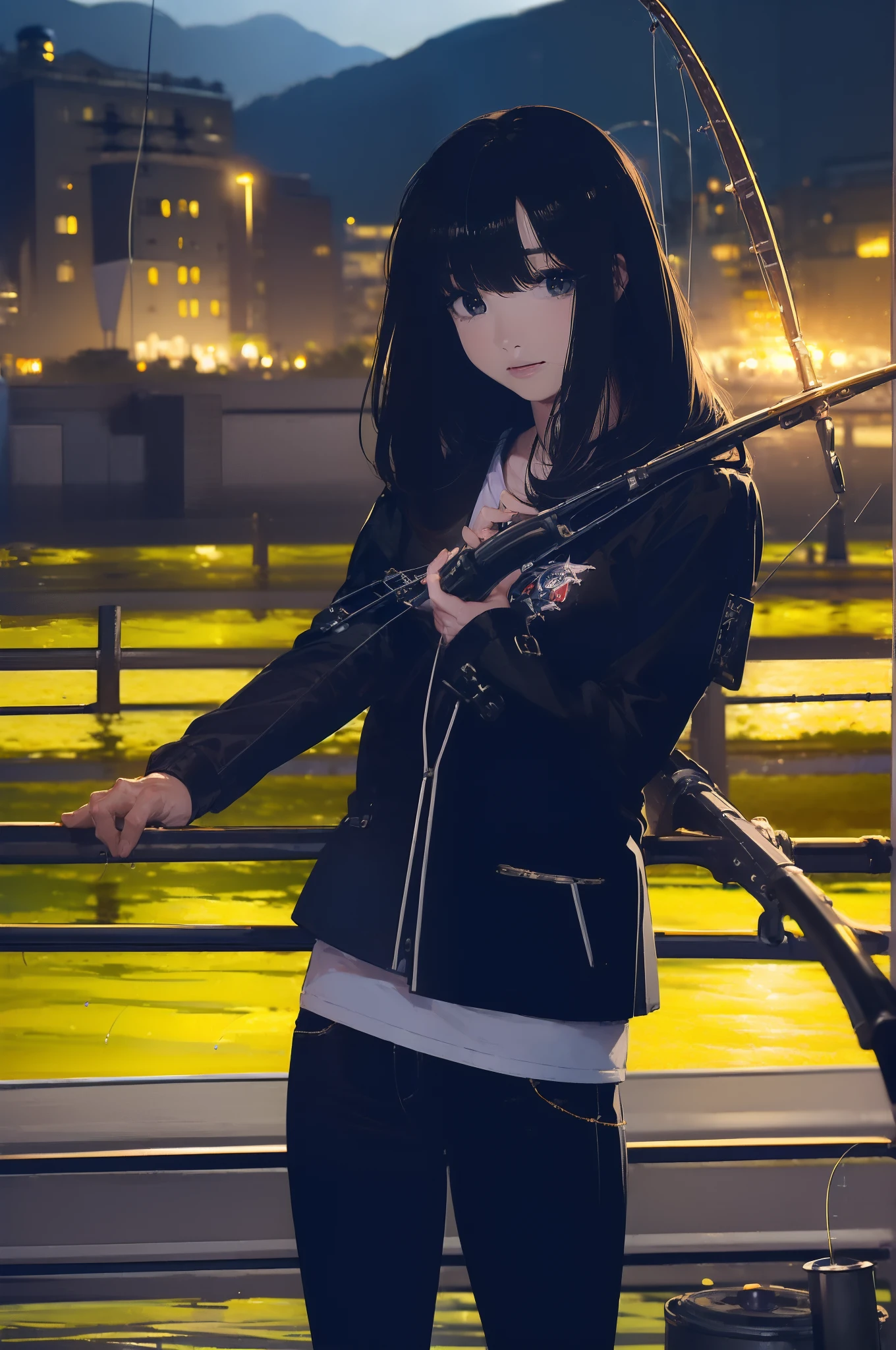 ((((having a fishing rod with a reel by the lakeside:1.5)))),((Female 28 years old)),((Best Quality:1.5)),(((Hands with the correct number and structure of fingers:1.4))),((Big fish:1.37)),hight resolution,ultra-detailliert,​masterpiece,best qualtiy,(Eight-headed body),Black hair, long eyes-lashes, Solid Circle Eyes, drop shadow, Atmospheric perspective,Super Detail, ccurate, small brest,(Black jacket and black jeans :1.1),top-quality, blurry backround, bokeh dof:1.2, (​masterpiece:1.3), Atmospheric perspective,Super Detail,dynamic compositions,