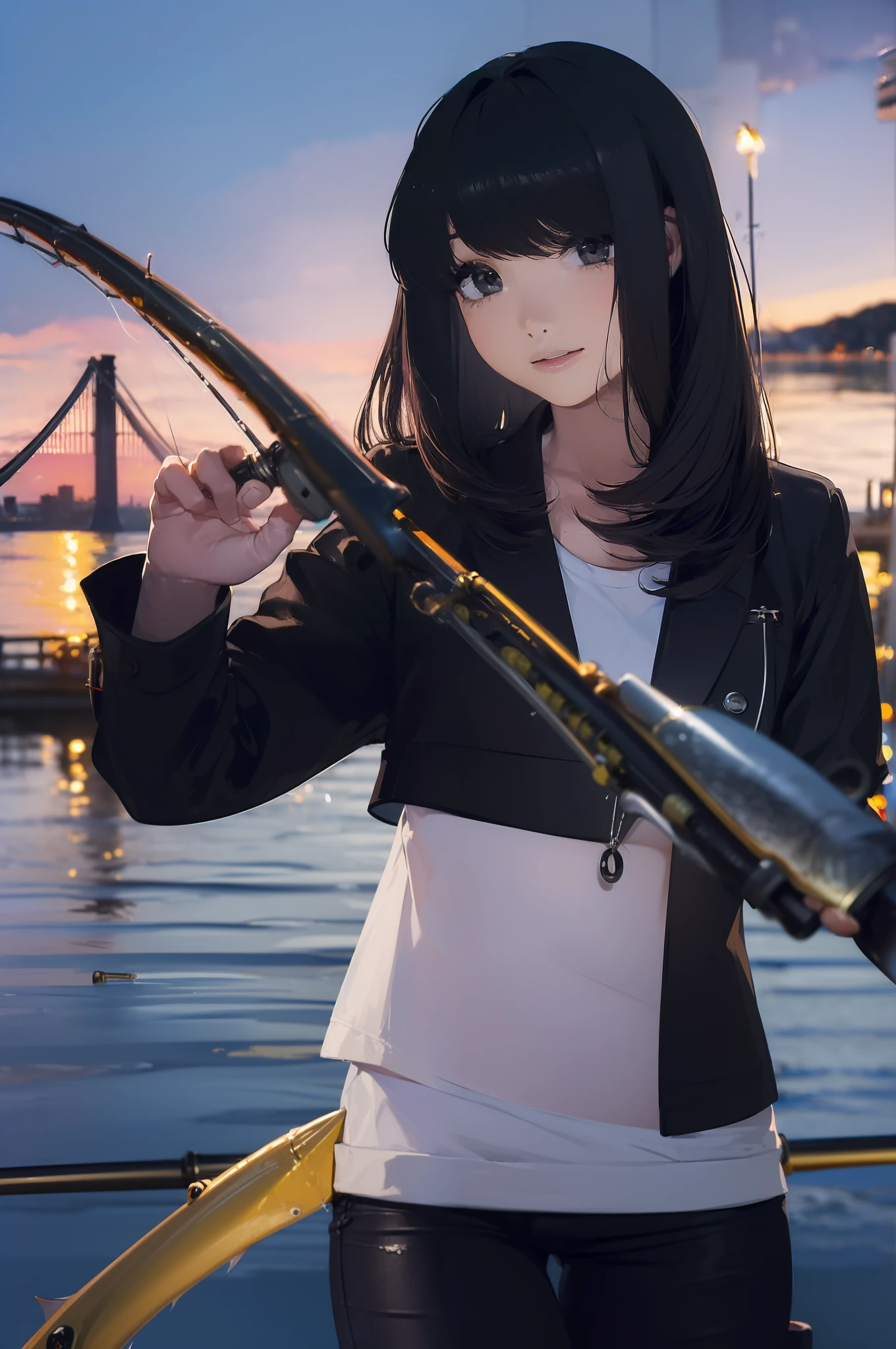 ((((having a fishing rod with a reel by the lakeside:1.5)))),((Female 28 years old)),((Best Quality:1.5)),(((Hands with the correct number and structure of fingers:1.4))),((Big fish:1.37)),hight resolution,ultra-detailliert,masterpiece,best qualtiy,(Eight-headed body),Black hair, long eyes-lashes, Solid Circle Eyes, drop shadow, Atmospheric perspective,Super Detail, ccurate, small brest,(Black jacket and black jeans :1.1),top-quality, blurry backround, bokeh dof:1.2, (masterpiece:1.3), Atmospheric perspective,Super Detail,dynamic compositions,