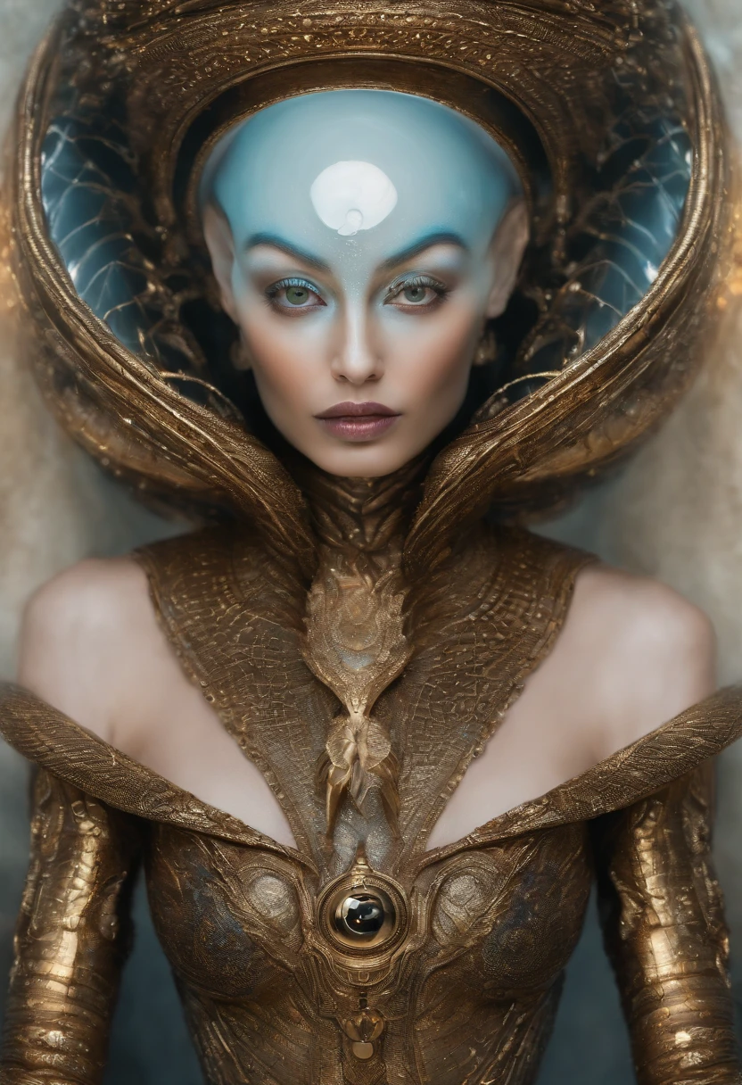 Create a colorful and detailed image of the face of an extraterrestrial with unique and expressive features. The extraterrestrial must look friendly and with some humanoid resemblance. Certifique-se de incluir elementos como olhos, boca, orelhas pontudas e ombros. It is not necessary to create the whole body. Ele veste uma roupa justa prateada. Use colors that suggest an extraterrestrial environment and an atmosphere of mystery. The result should be an image that sparks imagination and curiosity.