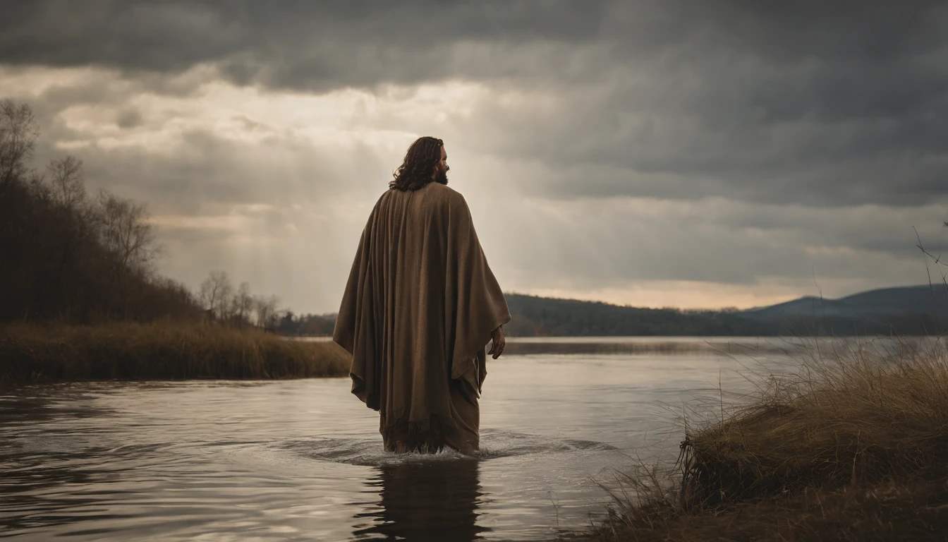 Jesus Christ, highly realistic image in 4k, walking under the waters of a lake, serene expression of pure compassion.