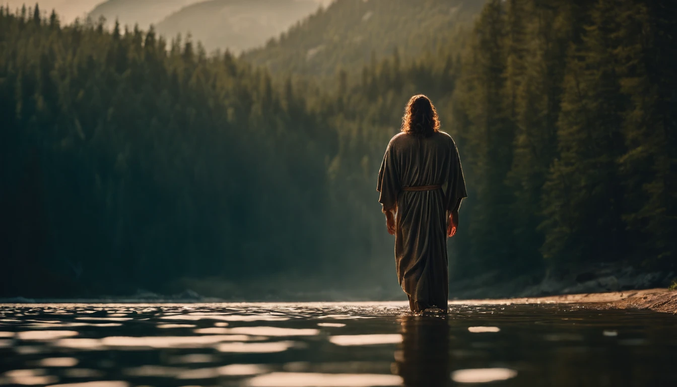Jesus Christ, highly realistic image in 4k, walking under the waters of a lake, serene expression of pure compassion.